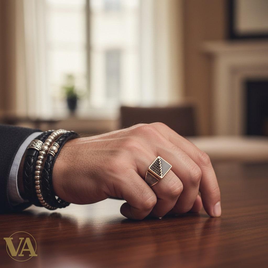 Chevalière Homme Argent 925 Onyx Noir Zircons Escalier Plaqué Or Rose | Bijoux Vindicta