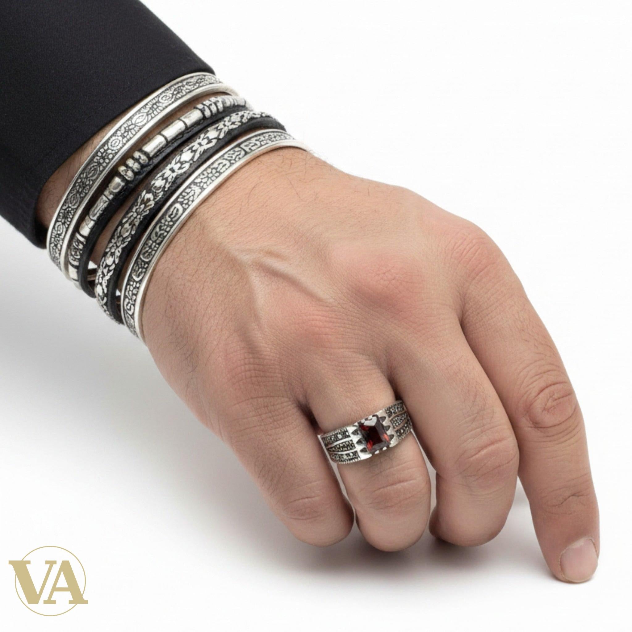 Bague Homme Argent 925 Grenat Rouge Marcassite Chevrons Art Déco-Vindicta : Bijoux Argent 925 Massif, Luxe et Héritage
