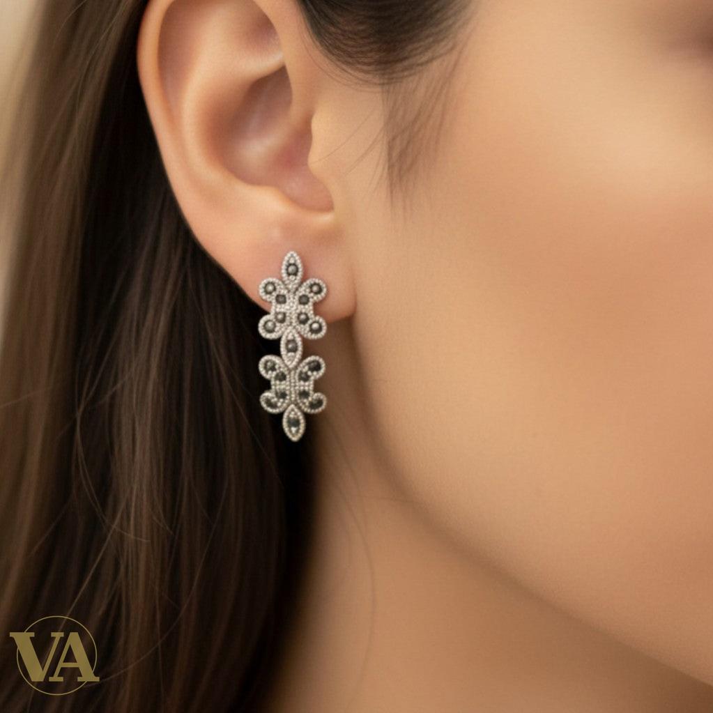 Boucles d'Oreilles Argent 925 Marcassite Fleur de Lys