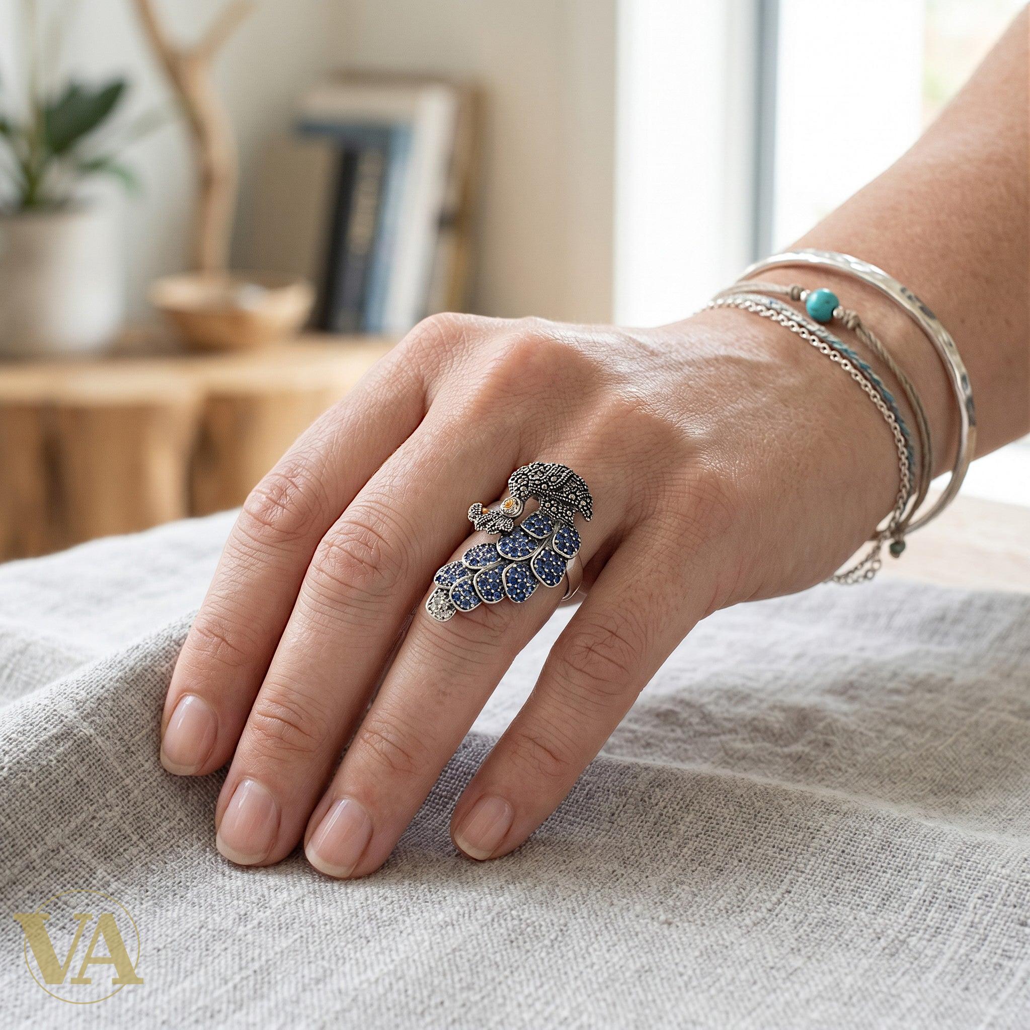 Bague Femme Argent 925 Plume Paon Zirconium Bleu Marcassite