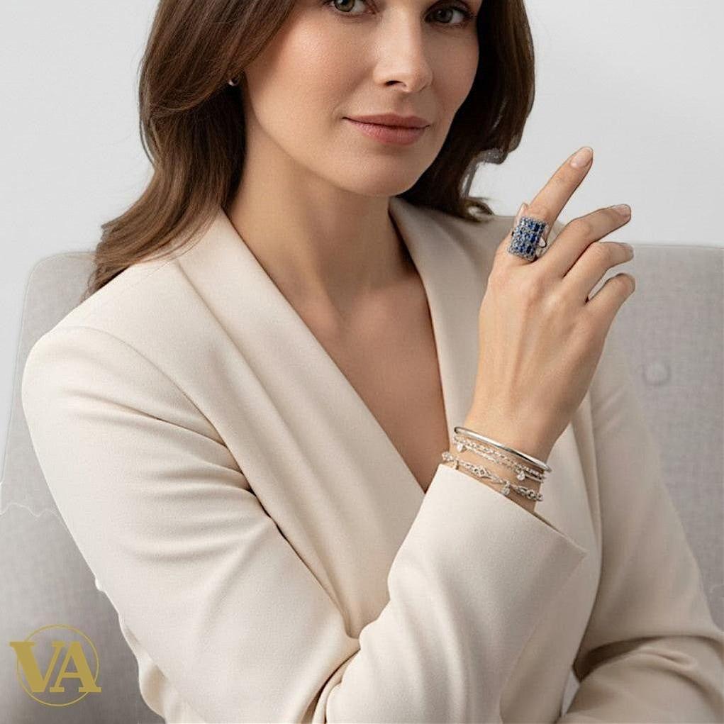 Bague femme rectangulaire en argent 925, pierres bleues & marcassite | Bijoux Vindicta