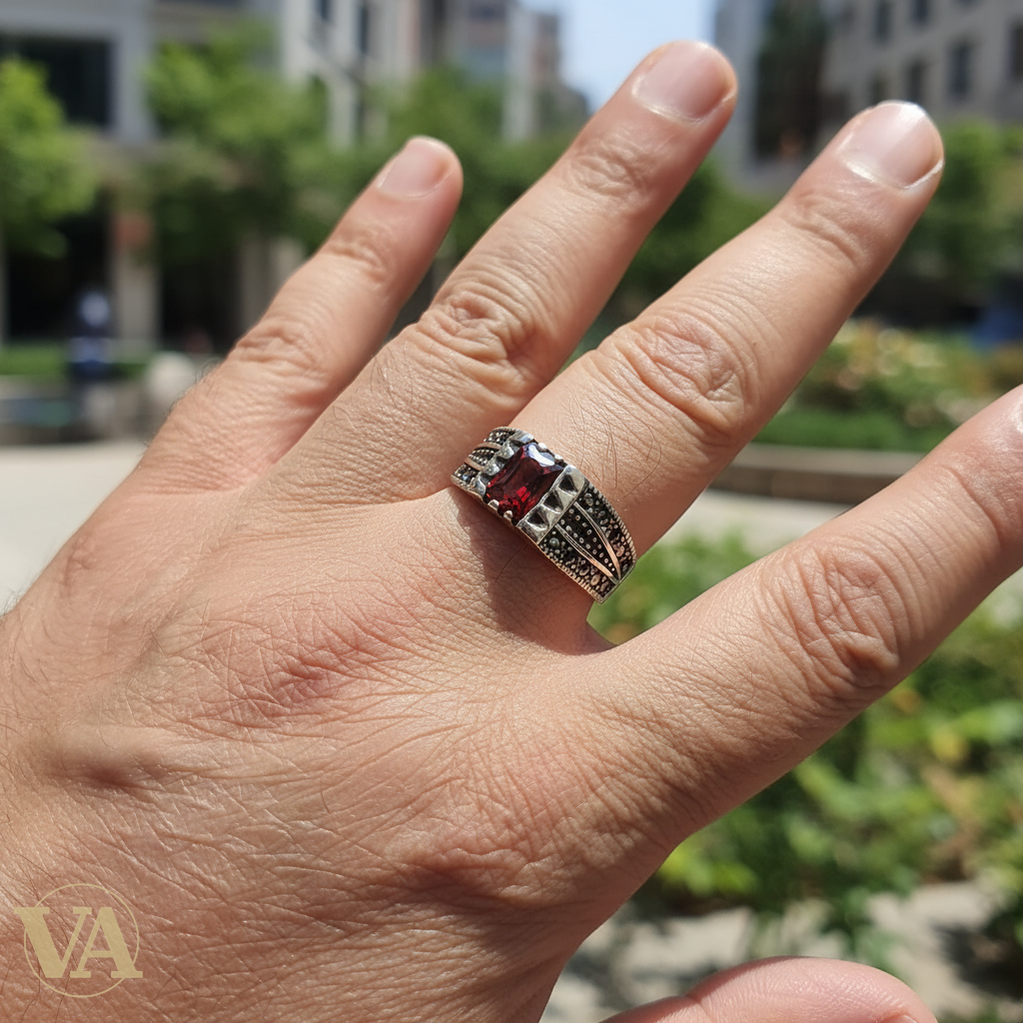 Bague Homme Argent 925 Grenat Rouge Marcassite Chevrons Art Déco-Vindicta : Bijoux Argent 925 Massif, Luxe et Héritage