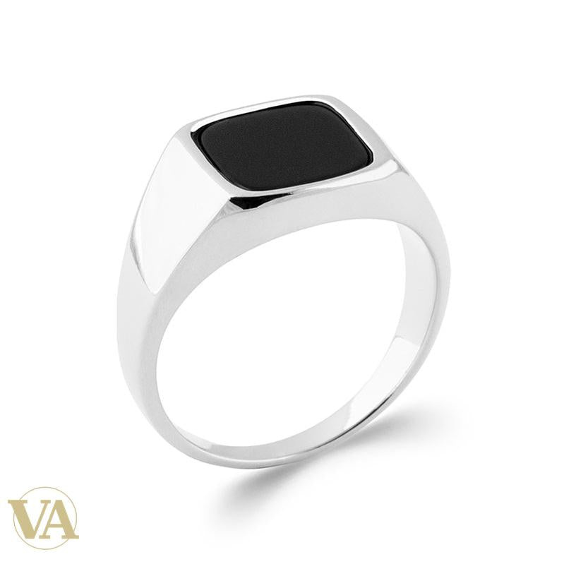 Chevalière Homme Argent 925 Rhodié – Imitation Onyx Carrée – vue de détail