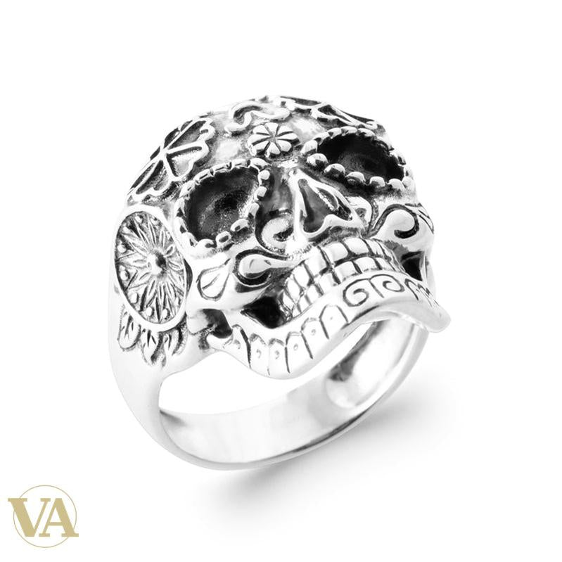 Bague Homme Argent 925 Rhodié – Crâne Fleuri - Argent 925 - Vindicta
