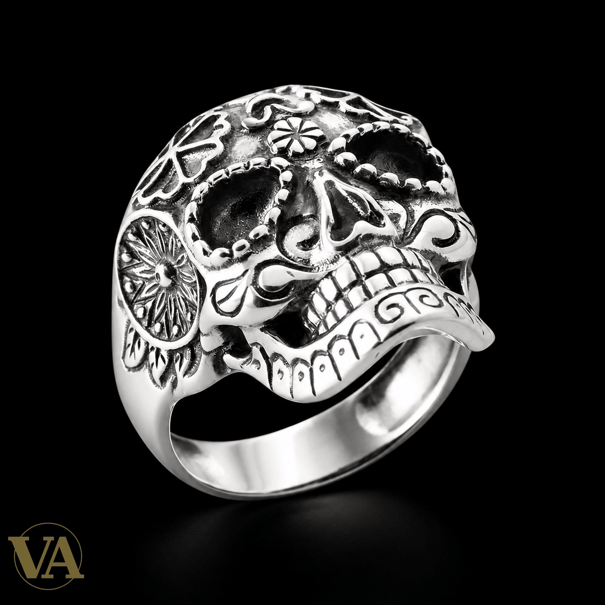 Bague Homme Argent 925 Rhodié – Crâne Fleuri - Argent 925 - Vindicta
