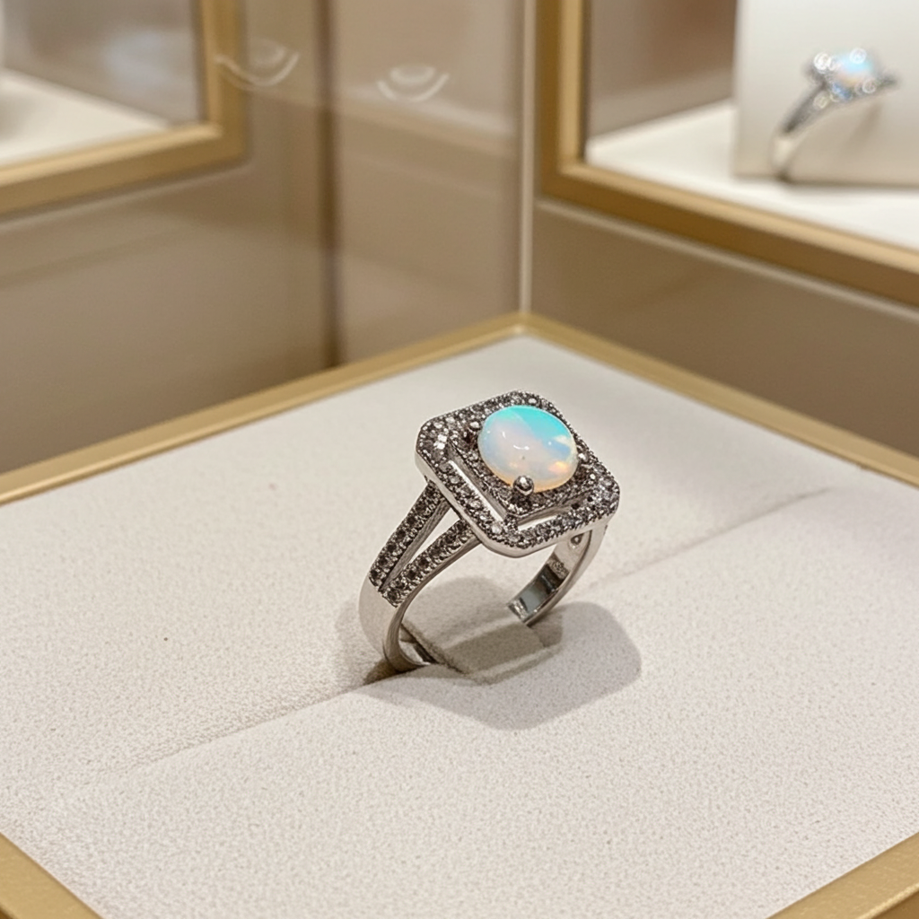 Bague Femme Argent 925 Opale Double Halo Zircons