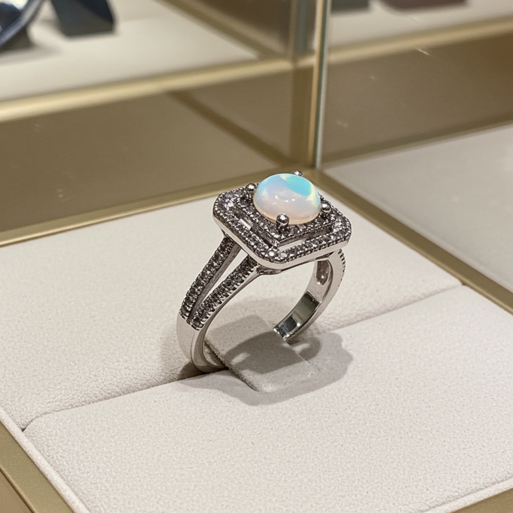 Bague Femme Argent 925 Opale Double Halo Zircons