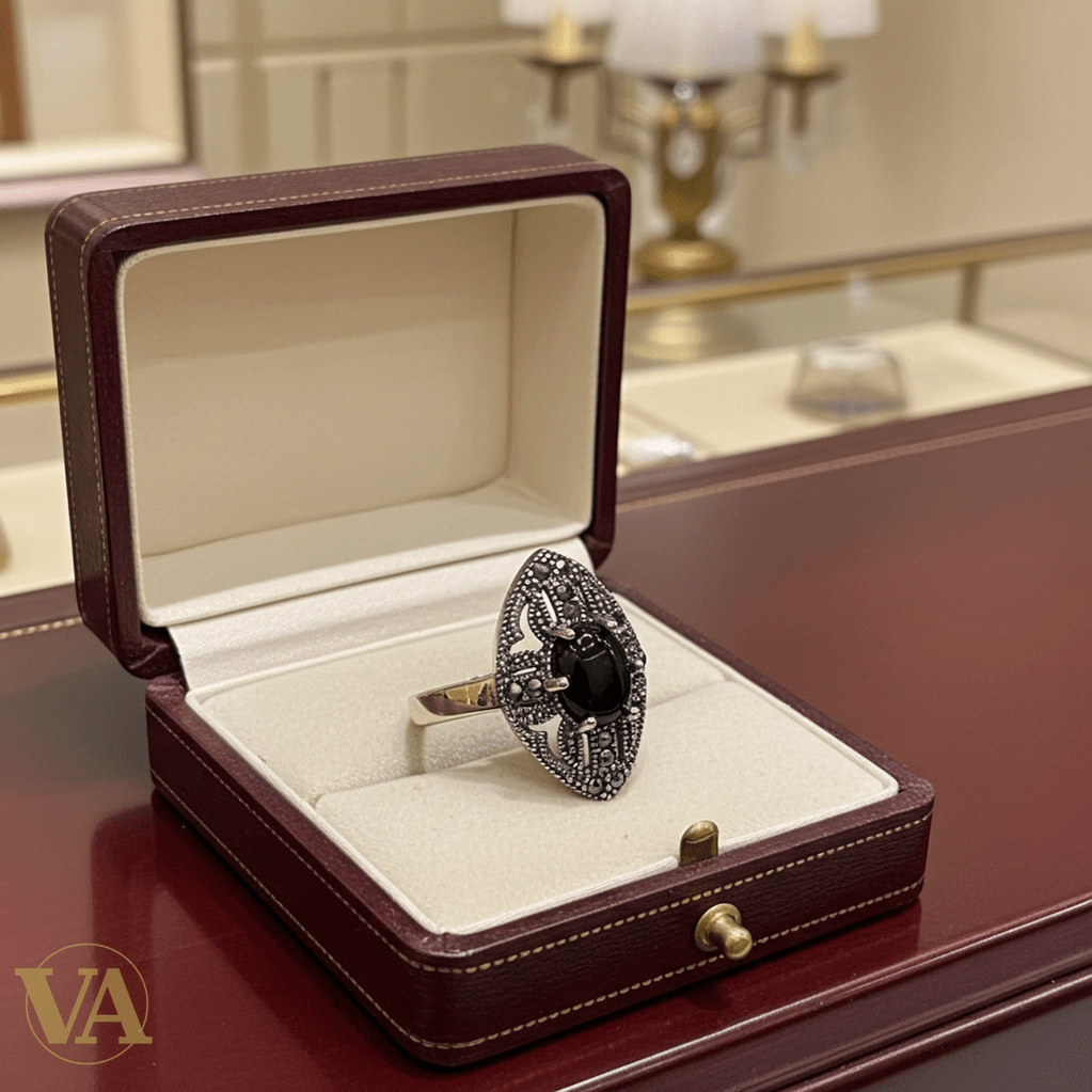 Bague Femme Argent 925 Onyx Noir Cabochon & Marcassites – Style Rétro - Argent 925 - Vindicta