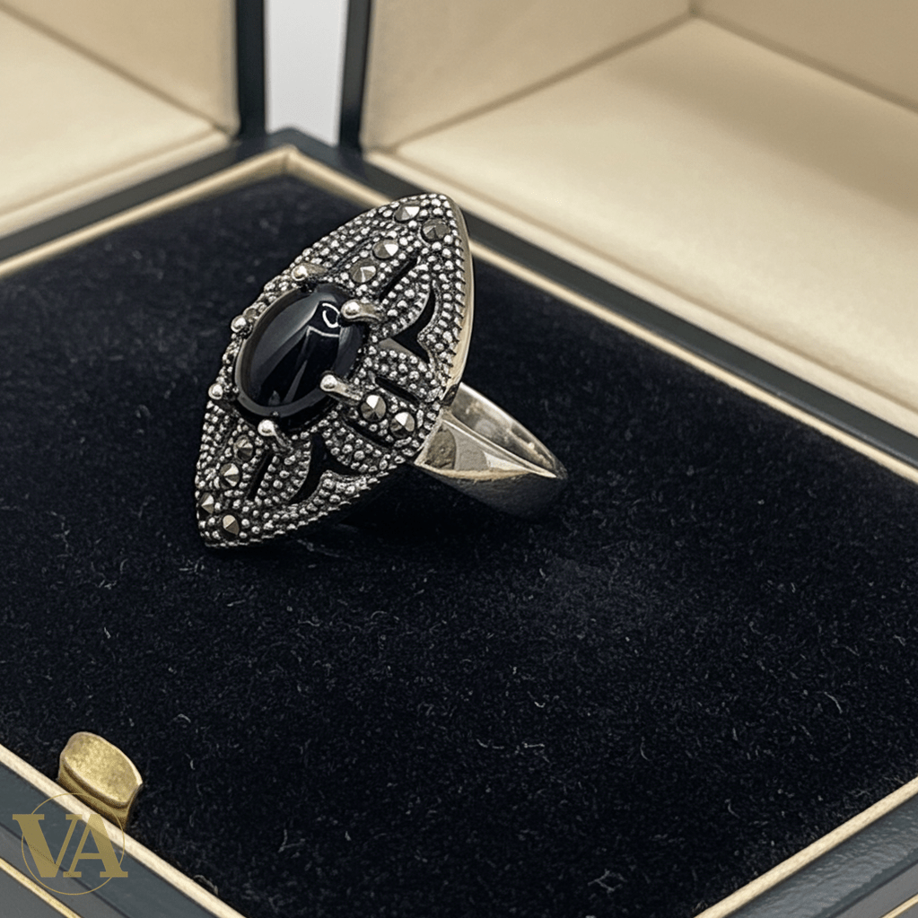 Bague Femme Argent 925 Onyx Noir Cabochon & Marcassites – Style Rétro - Argent 925 - Vindicta