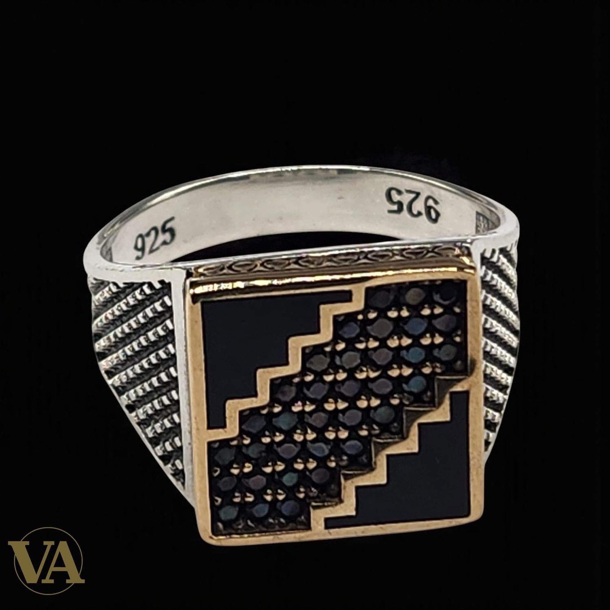 Bague Homme Argent 925 – Design Géométrique avec Onyx Noir - Argent 925 - Vindicta