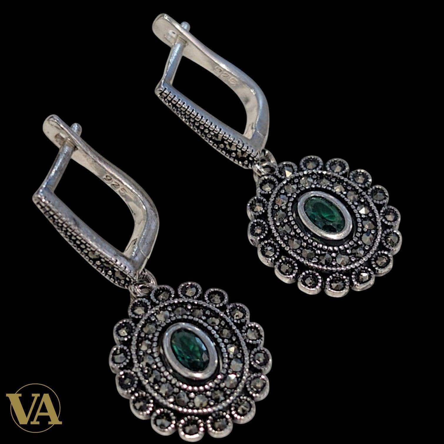 Boucles d’oreilles femme argent 925 marcassite et oxyde vert – Style vintage floral