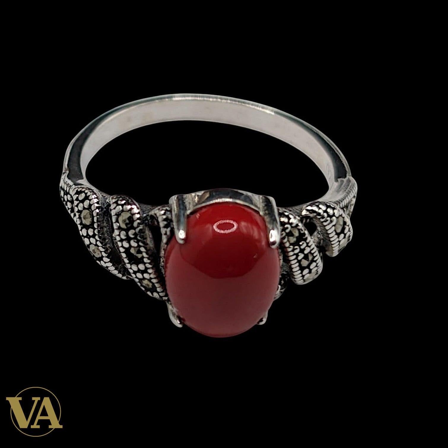 Bague Femme Argent 925 Cornaline & Marcassite – Style Vintage
