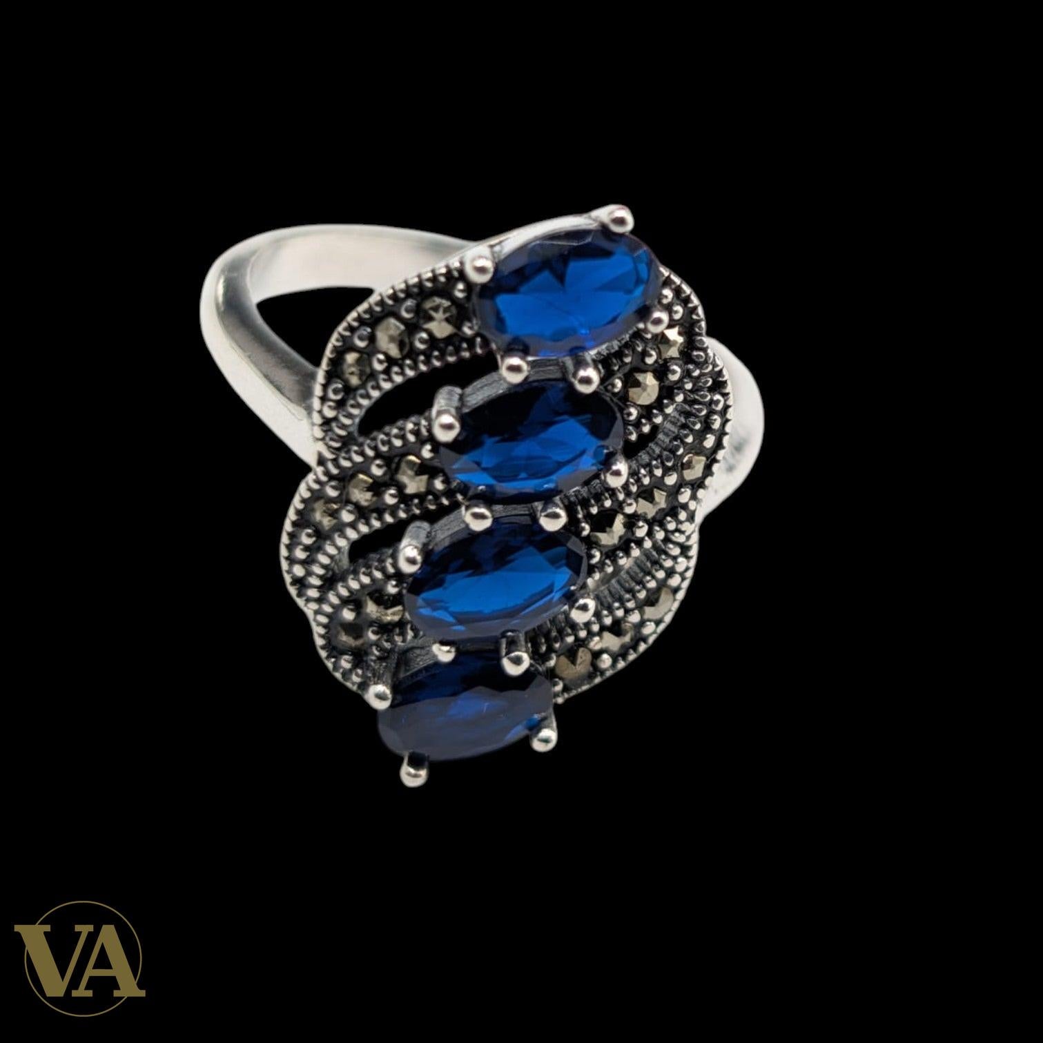 Bague Femme Argent 925 Saphir Bleu & Marcassite – Design Vintage Ajouré