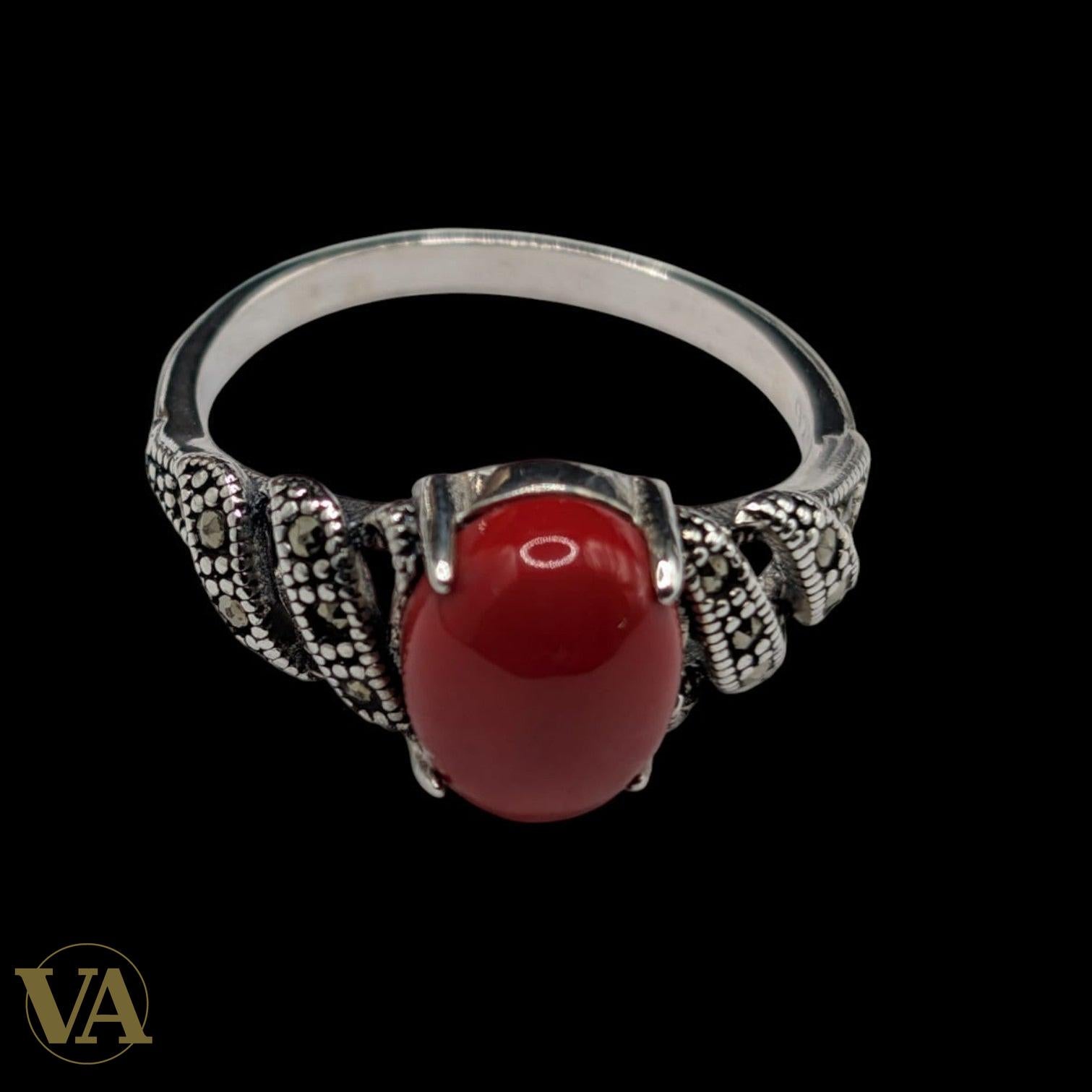 Bague Femme Argent 925 Cornaline & Marcassite – Style Vintage