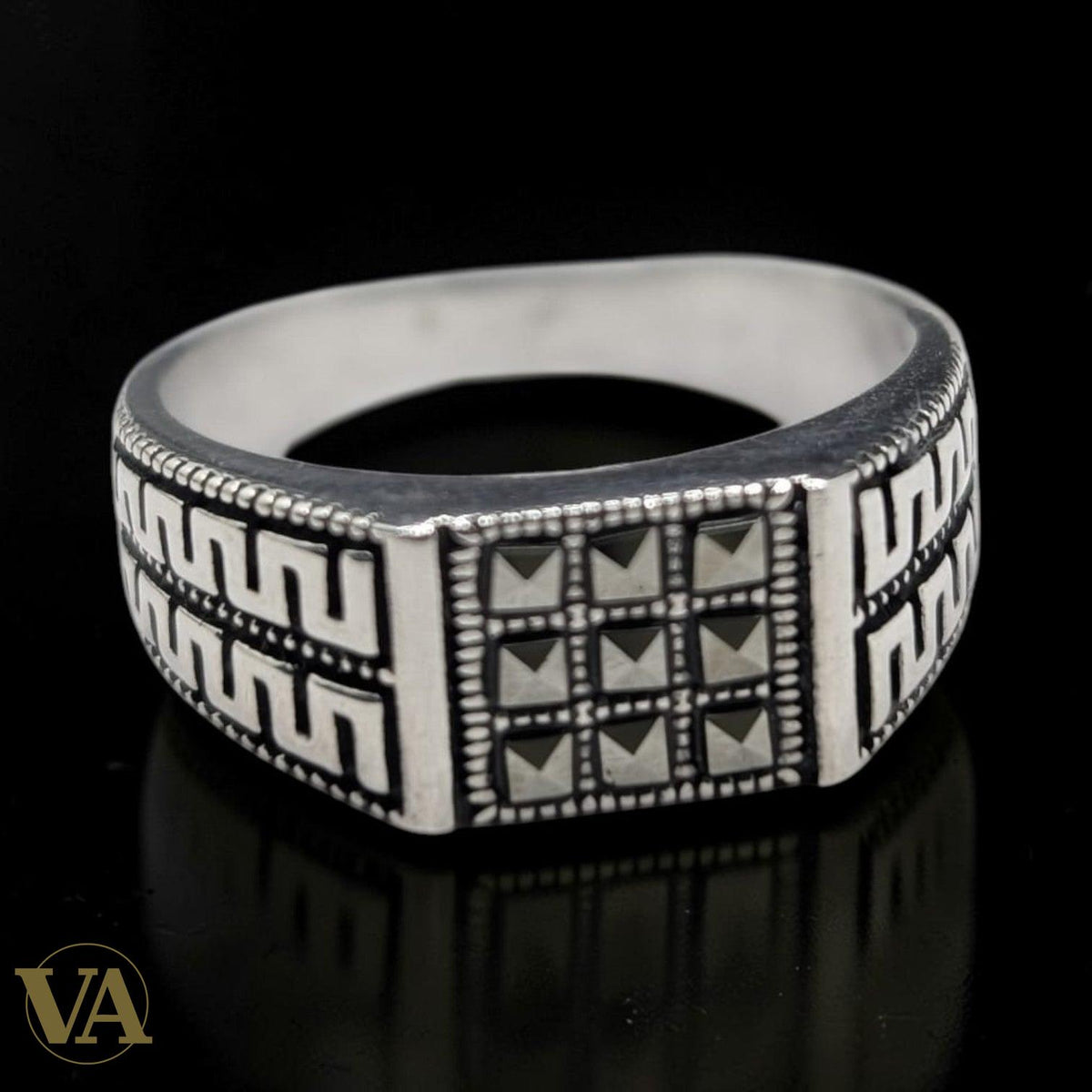 Chevalière Homme Argent 925 – Grille Marcassites & Méandre Grec - Argent 925 - Vindicta