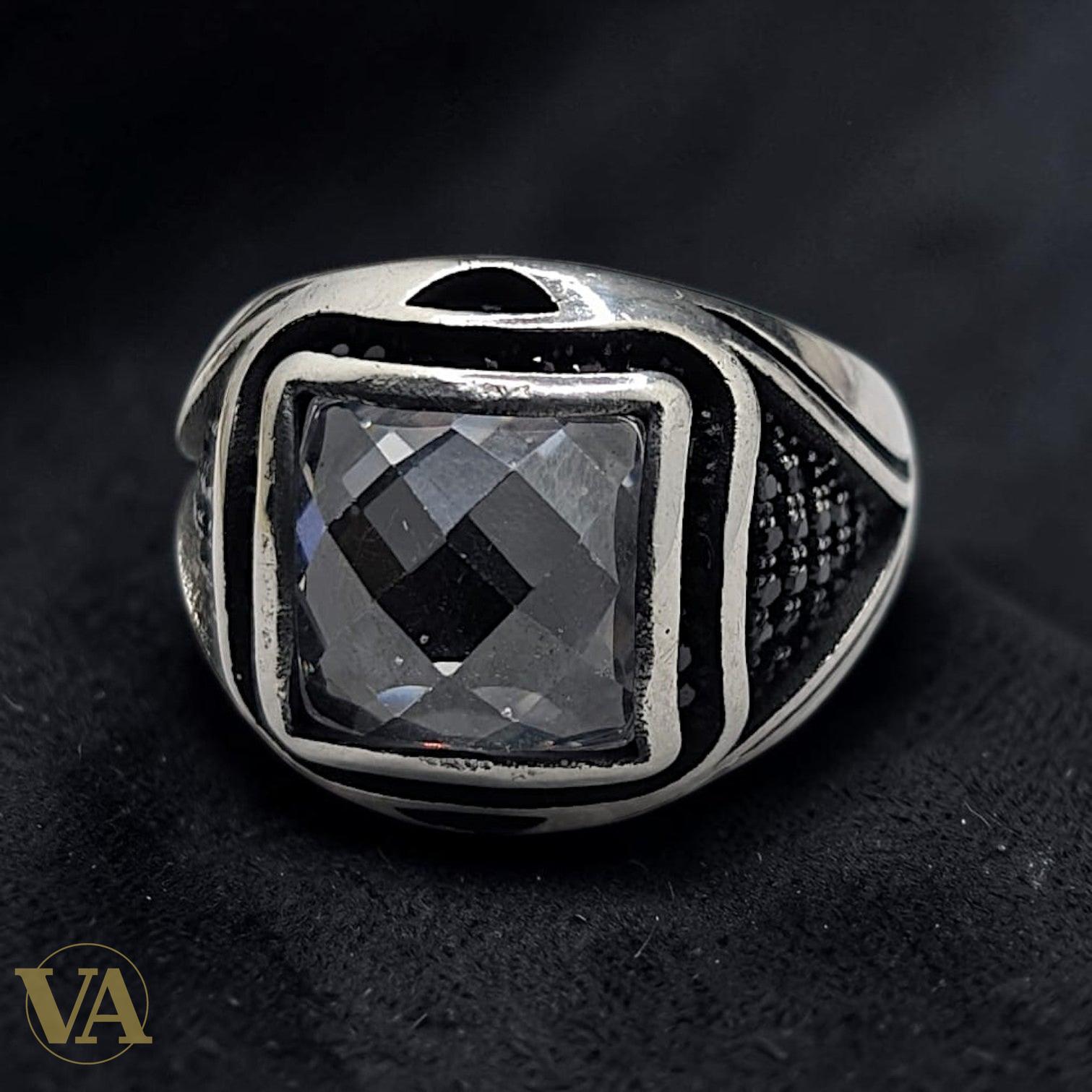 Chevalière Homme Argent 925 Zircon Carré Fumé Pavé Zircons Noirs - Argent 925 - Vindicta