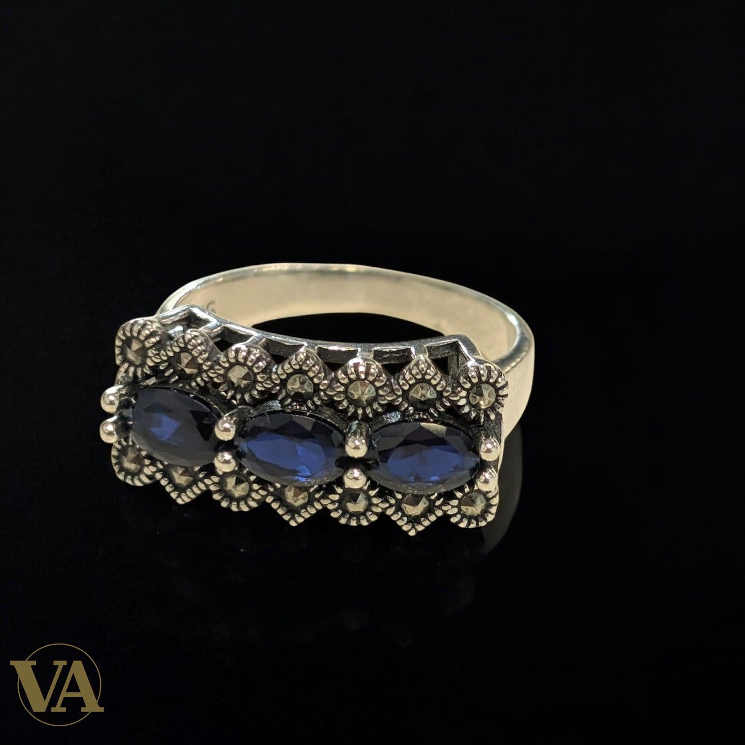 Bague Argent 925 Bleu Saphir & Marcassites – Vintage Chic