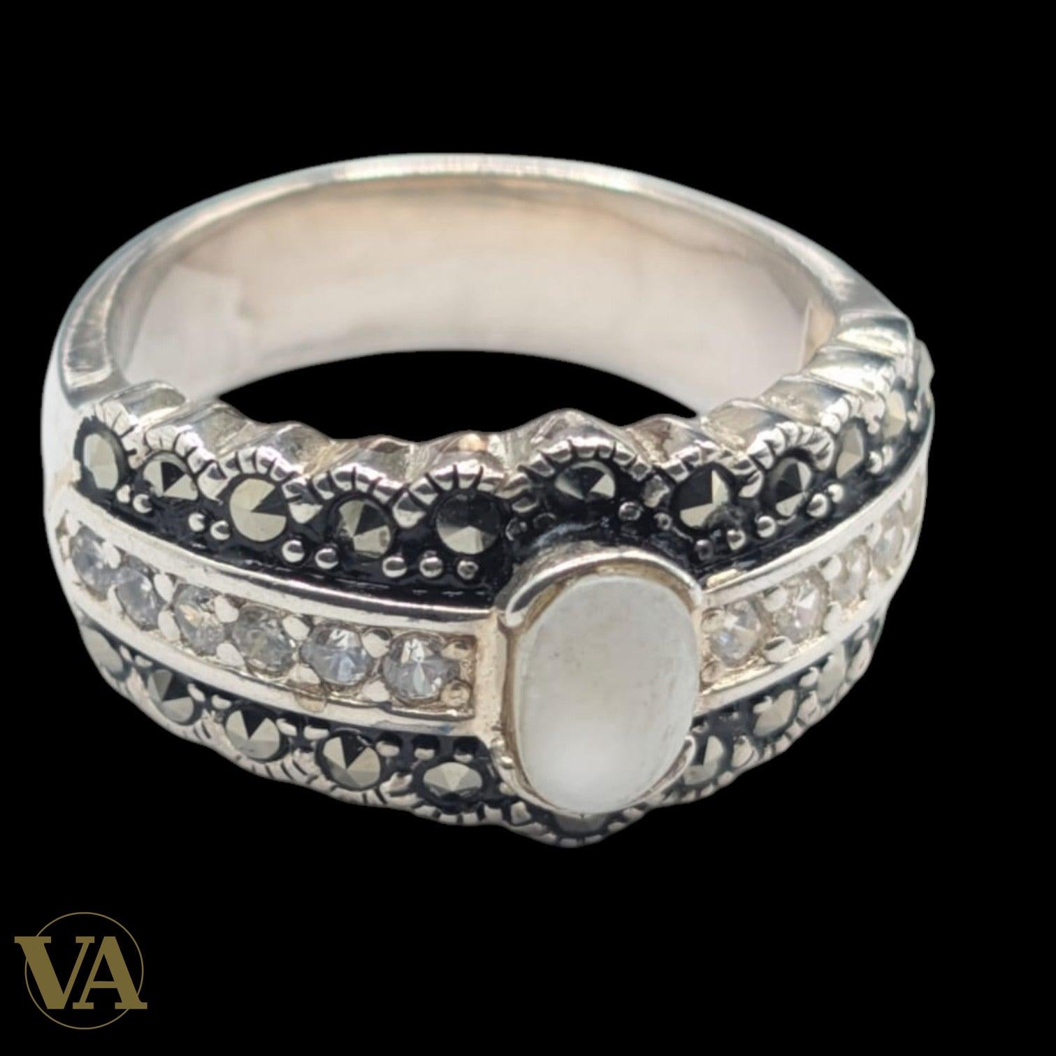 Bague femme Argent 925 Massif Pierre de Lune et Marcassite Design Art Déco