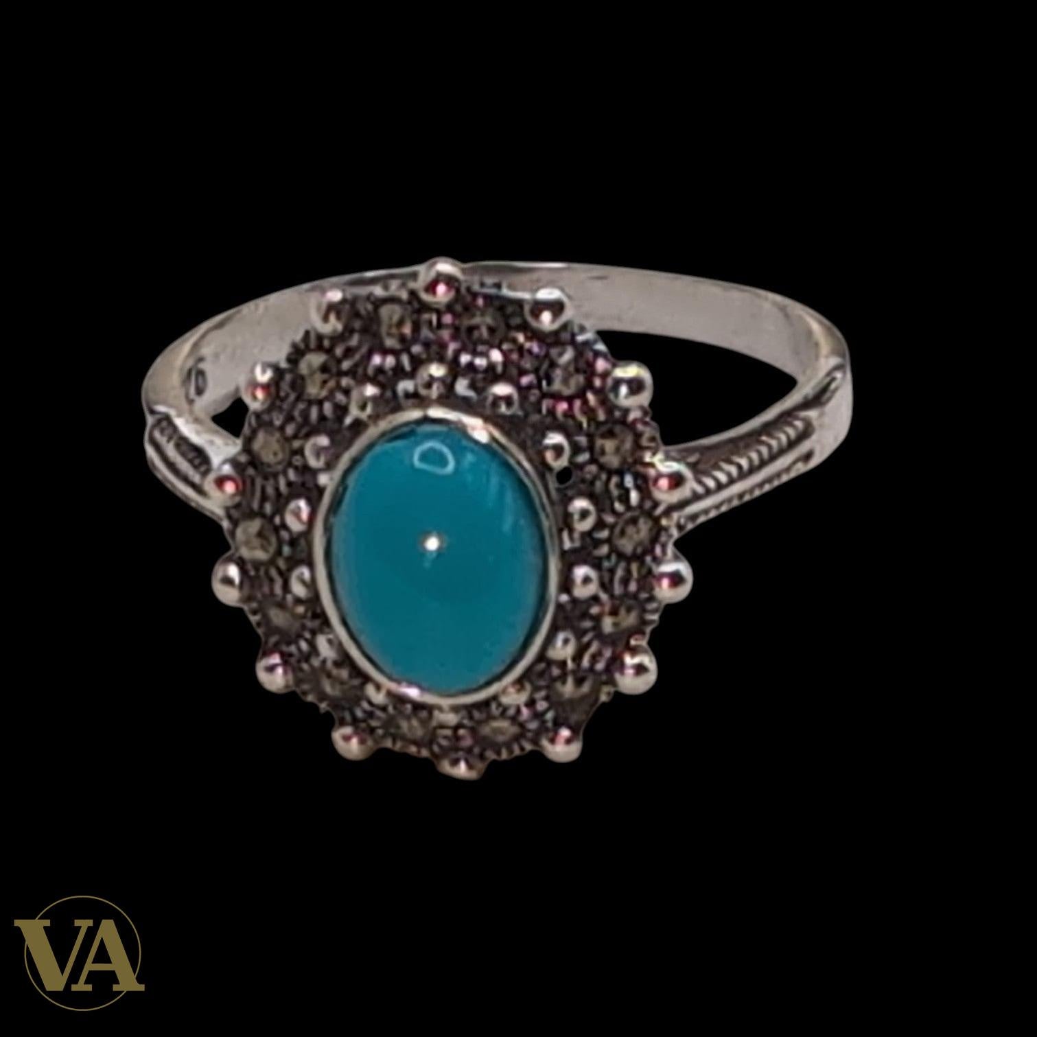 Bague Femme Argent 925 Turquoise Ovale & Marcassite – Style Vintage Lumineux