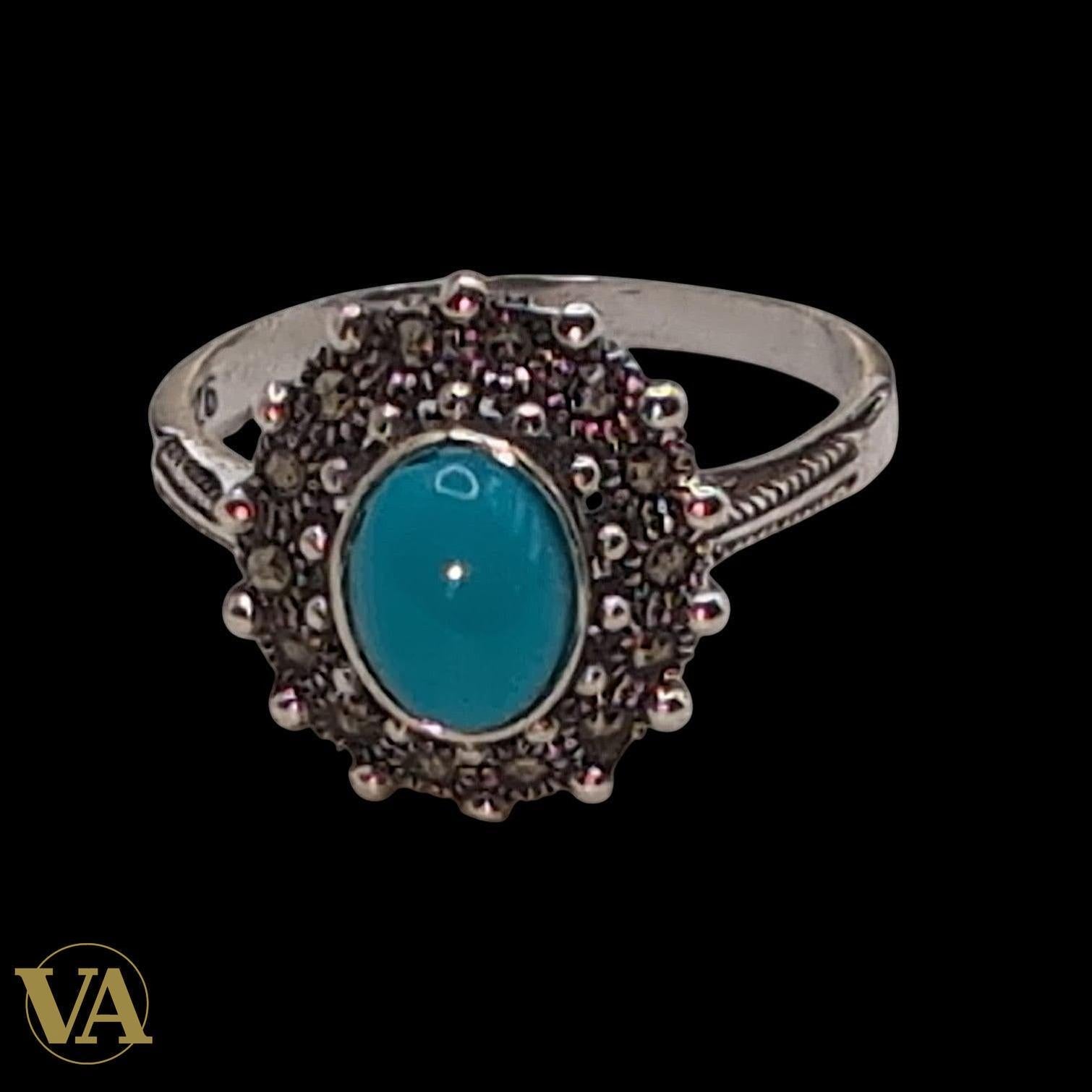 Bague Femme Argent 925 Turquoise Ovale & Marcassite – Style Vintage Lumineux