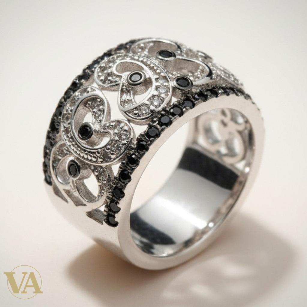 Bague femme argent 925 Chevalière large volutes Art Déco Zircons Onyx noir-Vindicta : Bijoux Argent 925 Massif, Luxe et Héritage