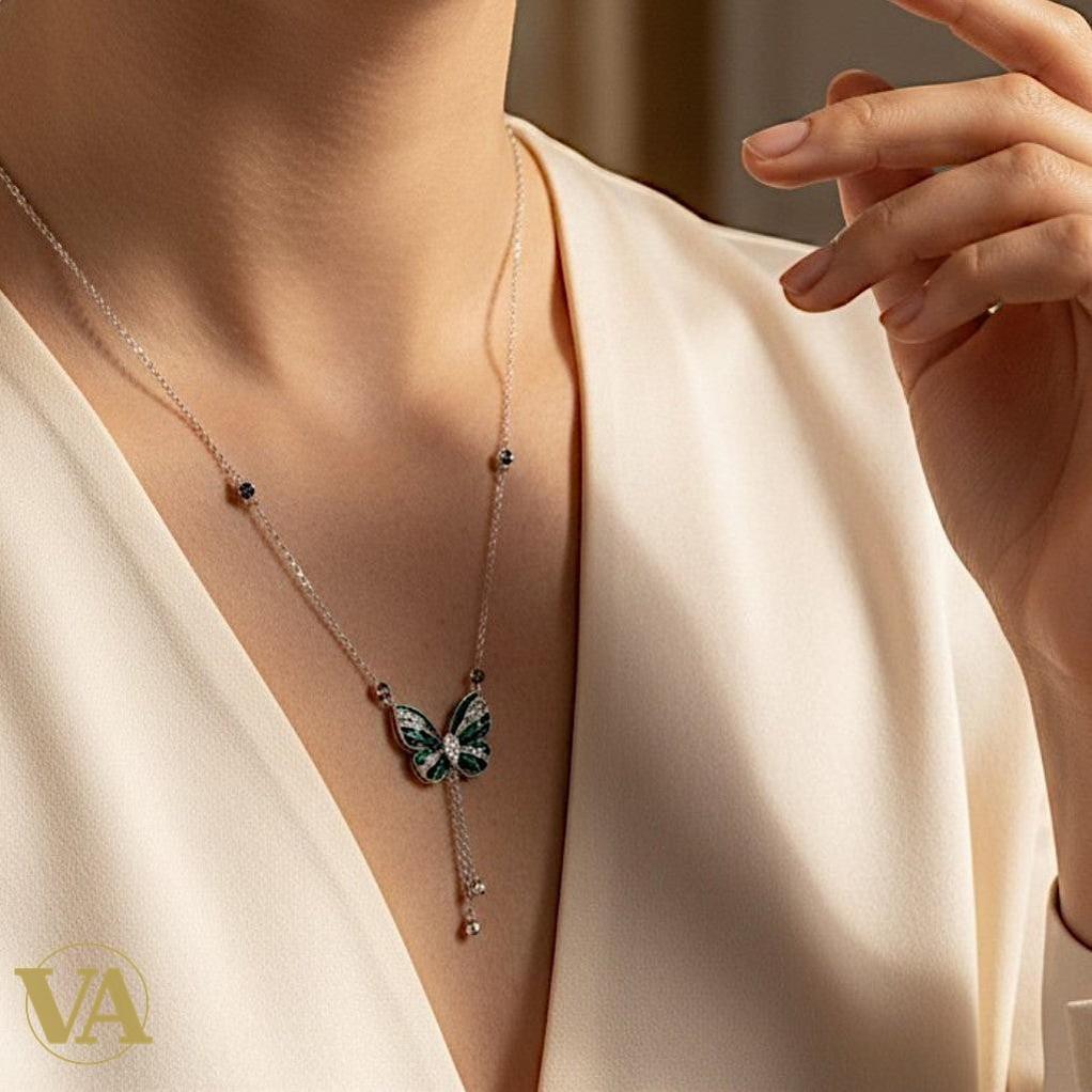 Collier Femme Papillon Argent 925 — Zircons Vert Émeraude et Blancs | Bijoux Vindicta
