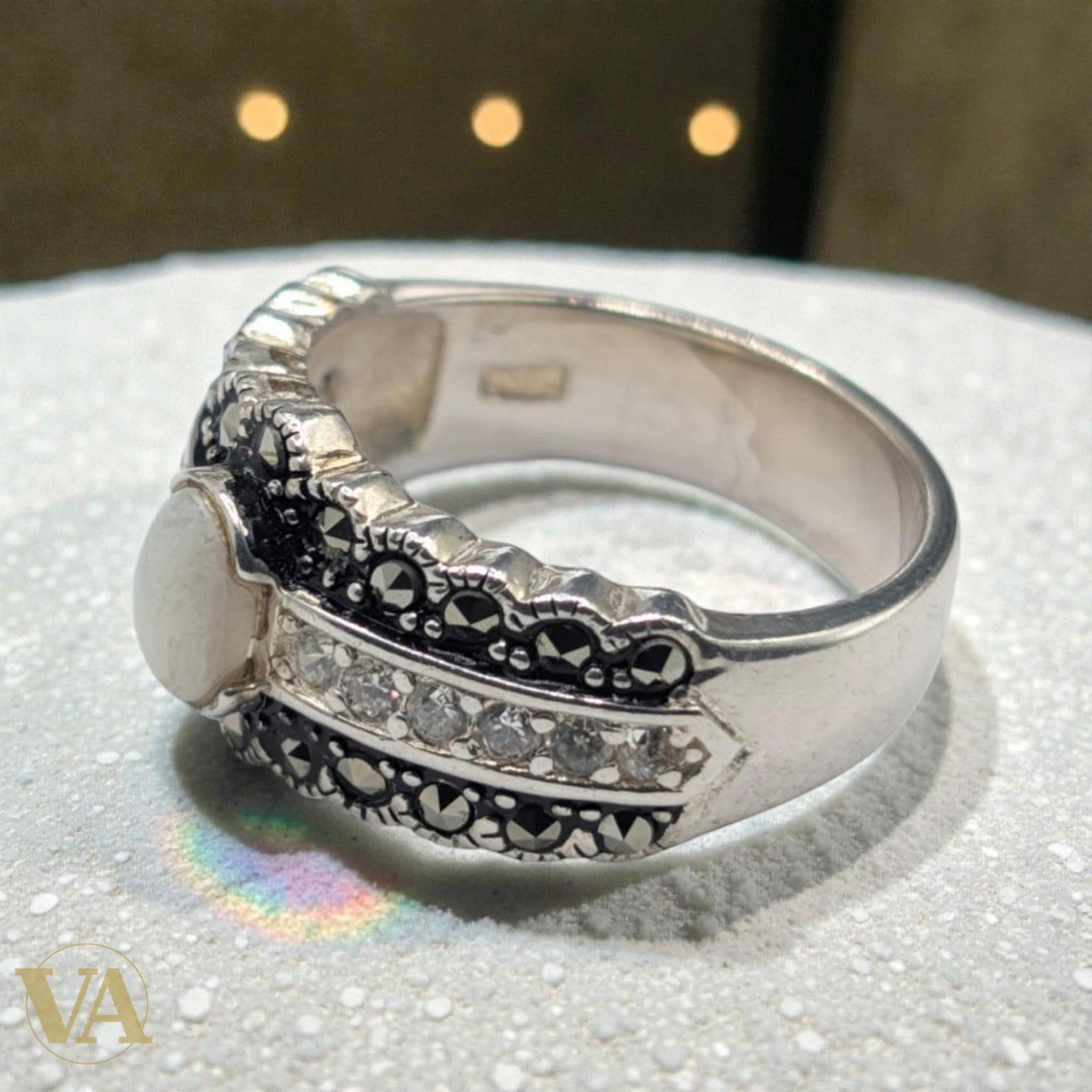 Bague femme Argent 925 Massif Pierre de Lune et Marcassite Design Art Déco | Bijoux Vindicta