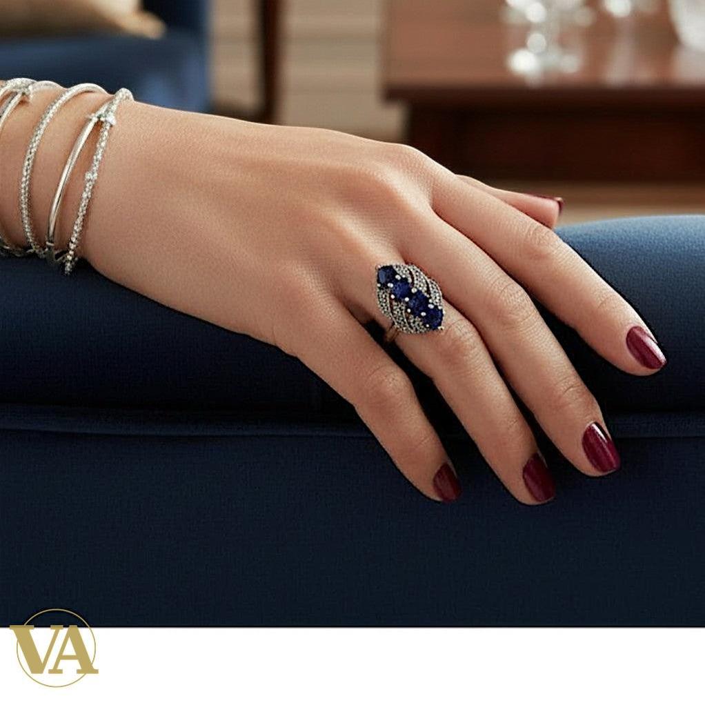 Bague Femme Argent 925 Saphir Bleu & Marcassite – Design Vintage Ajouré