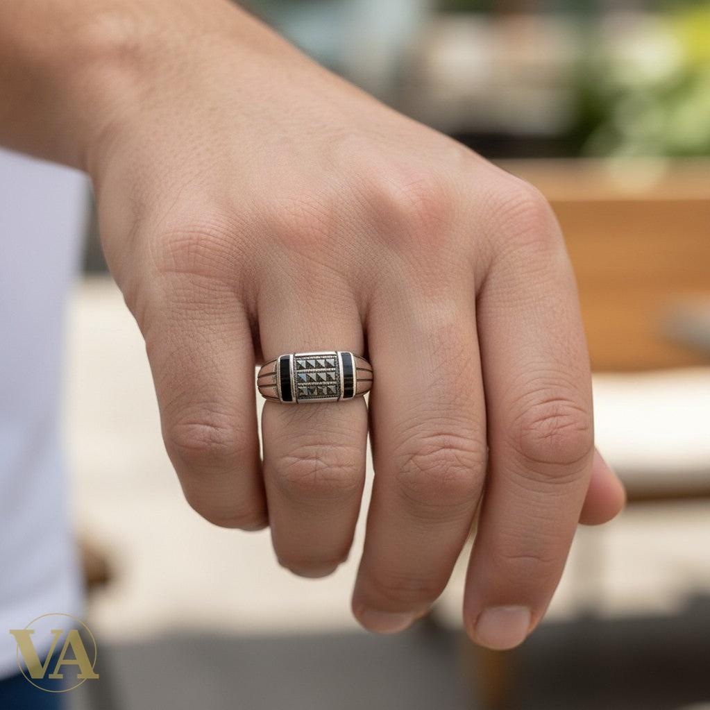 Chevalière Homme Argent 925 Onyx Noir Marcassite Art Déco