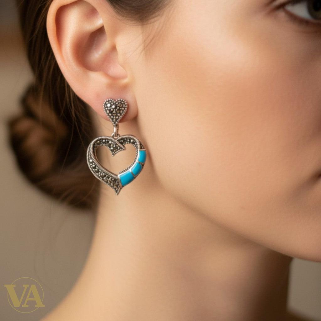 Boucles d'Oreilles Argent 925 Cœur Turquoise et Marcassite