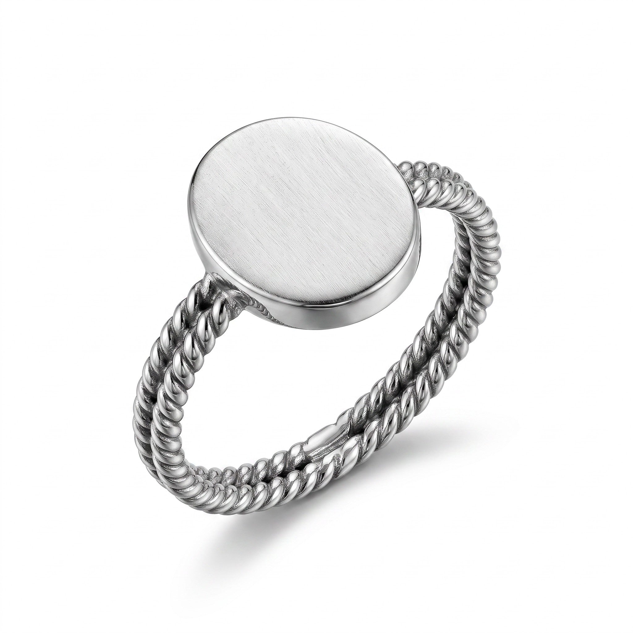 Bague Femme Argent 925 Plateau Rond Brossé Double Tige Torsadée