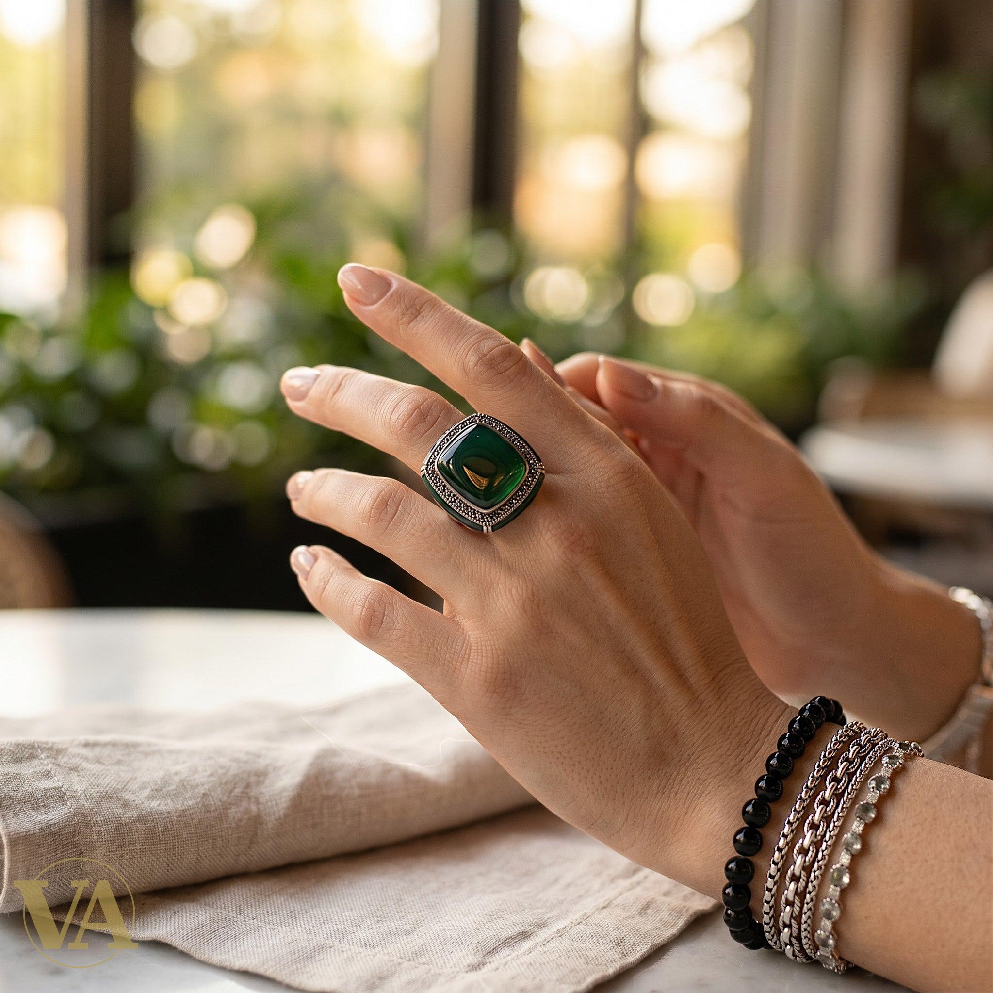 Bague Femme Argent 925 Aventurine Verte Marcassite Art Déco Cocktail