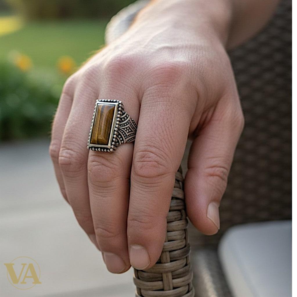 Bague homme argent 925 avec Œil de Tigre naturel | Bijoux Vindicta