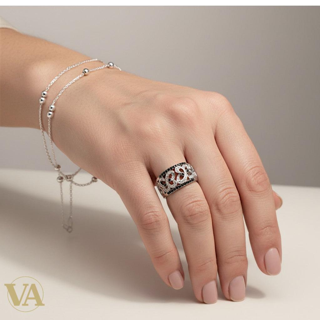 Bague femme argent 925 Chevalière large volutes Art Déco Zircons Onyx noir