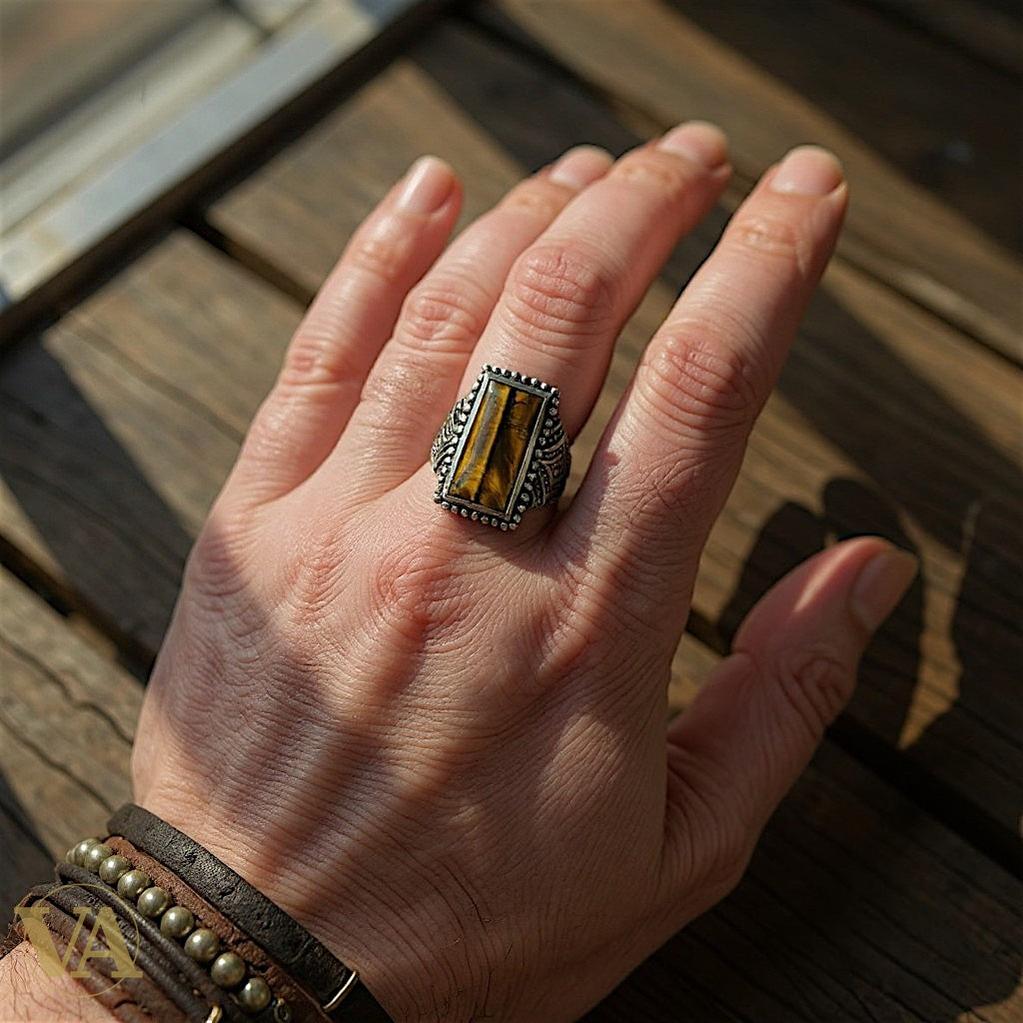 Bague homme argent 925 avec Œil de Tigre naturel | Bijoux Vindicta