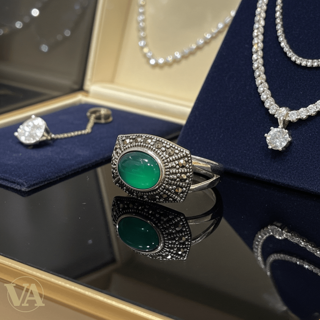 Bague femme argent 925 et marcassites – Agate verte cabochon - Argent 925 - Vindicta