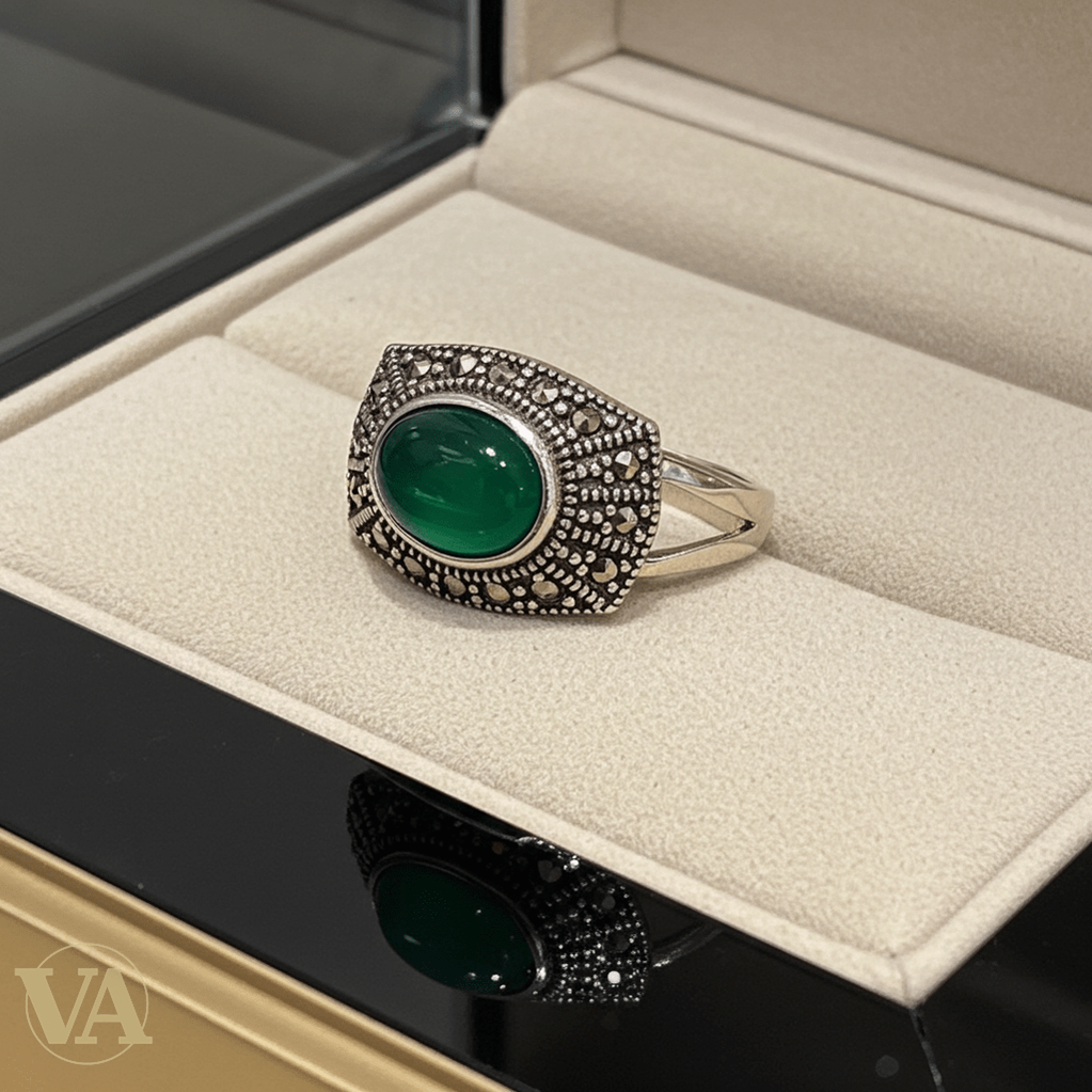 Bague femme argent 925 et marcassites – Agate verte cabochon - Argent 925 - Vindicta