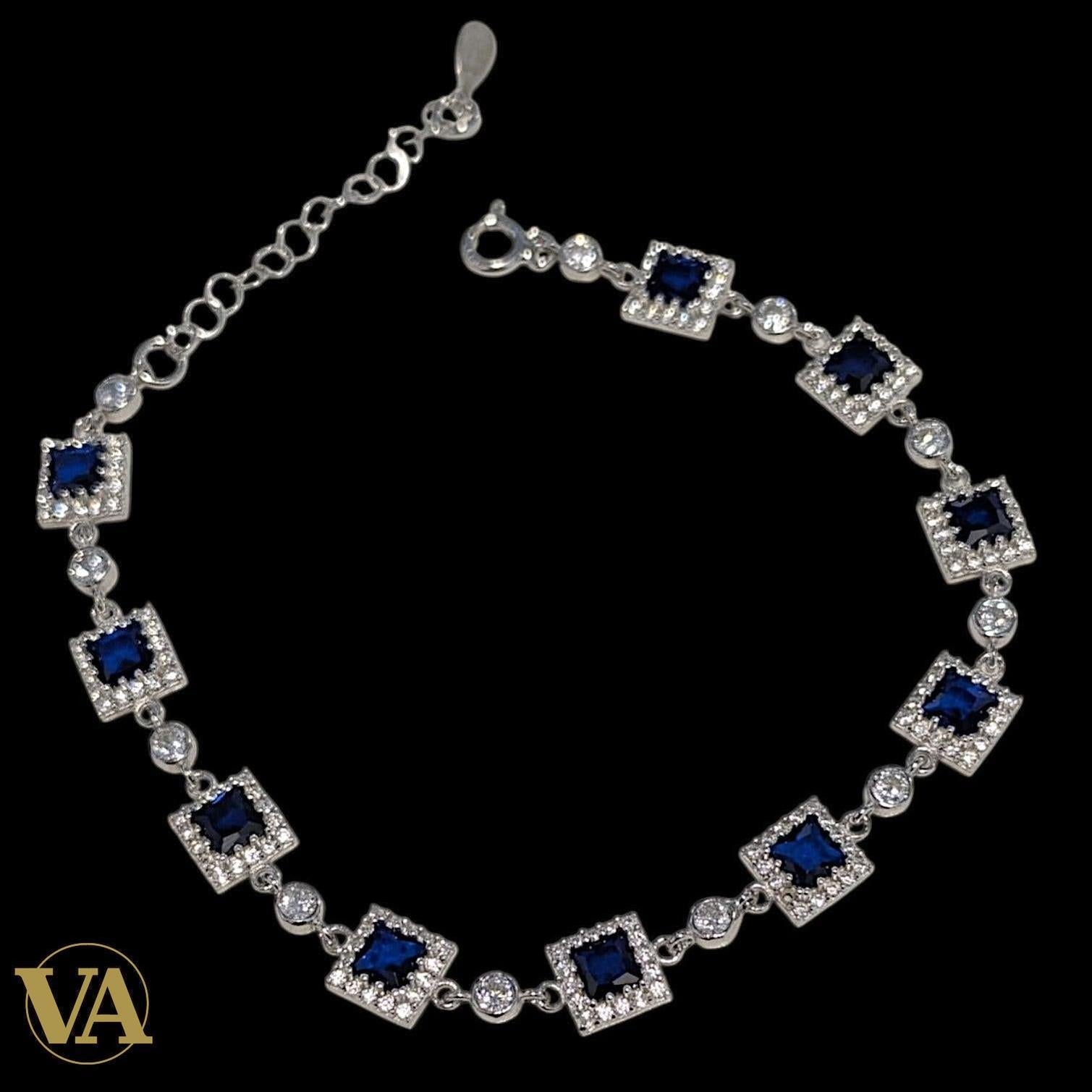 Bracelet Femme Argent 925 Oxydes Bleus – Design Géométrique | Bijoux Vindicta