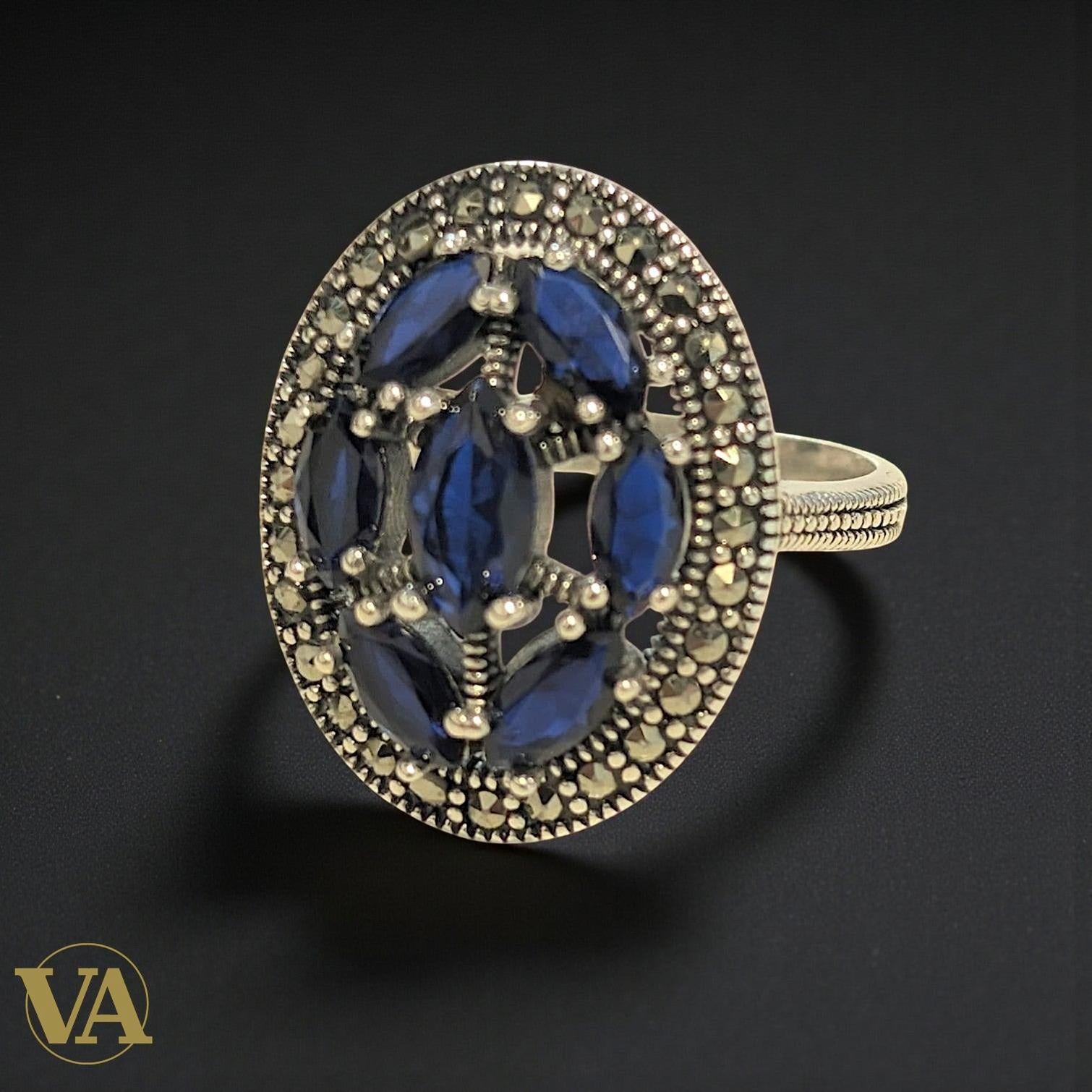 Bague femme Argent 925 Bleu Saphir & Marcassites – Ovale Vintage
