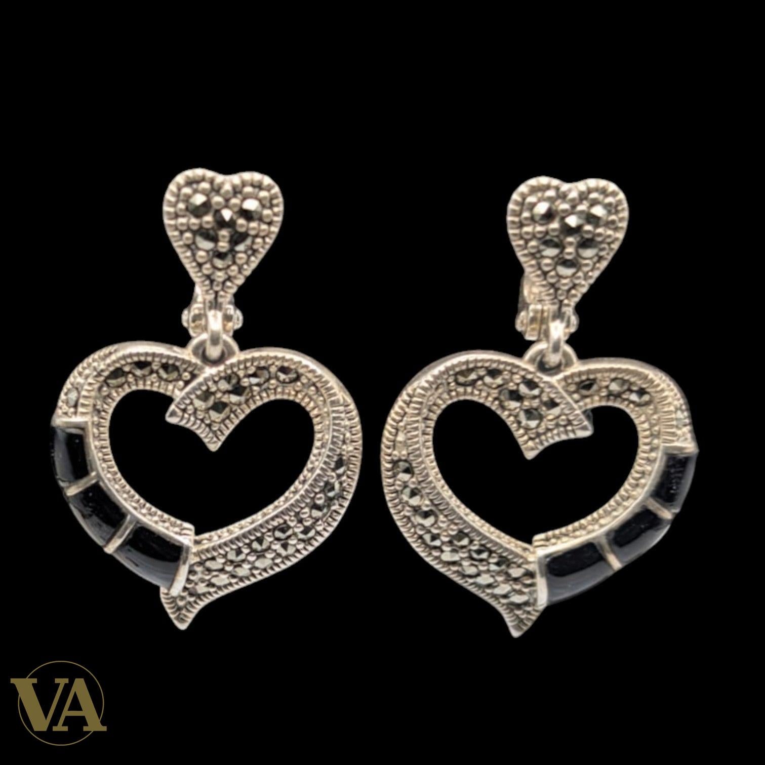 Boucles d'Oreilles Argent 925 Cœur Onyx et Marcassite