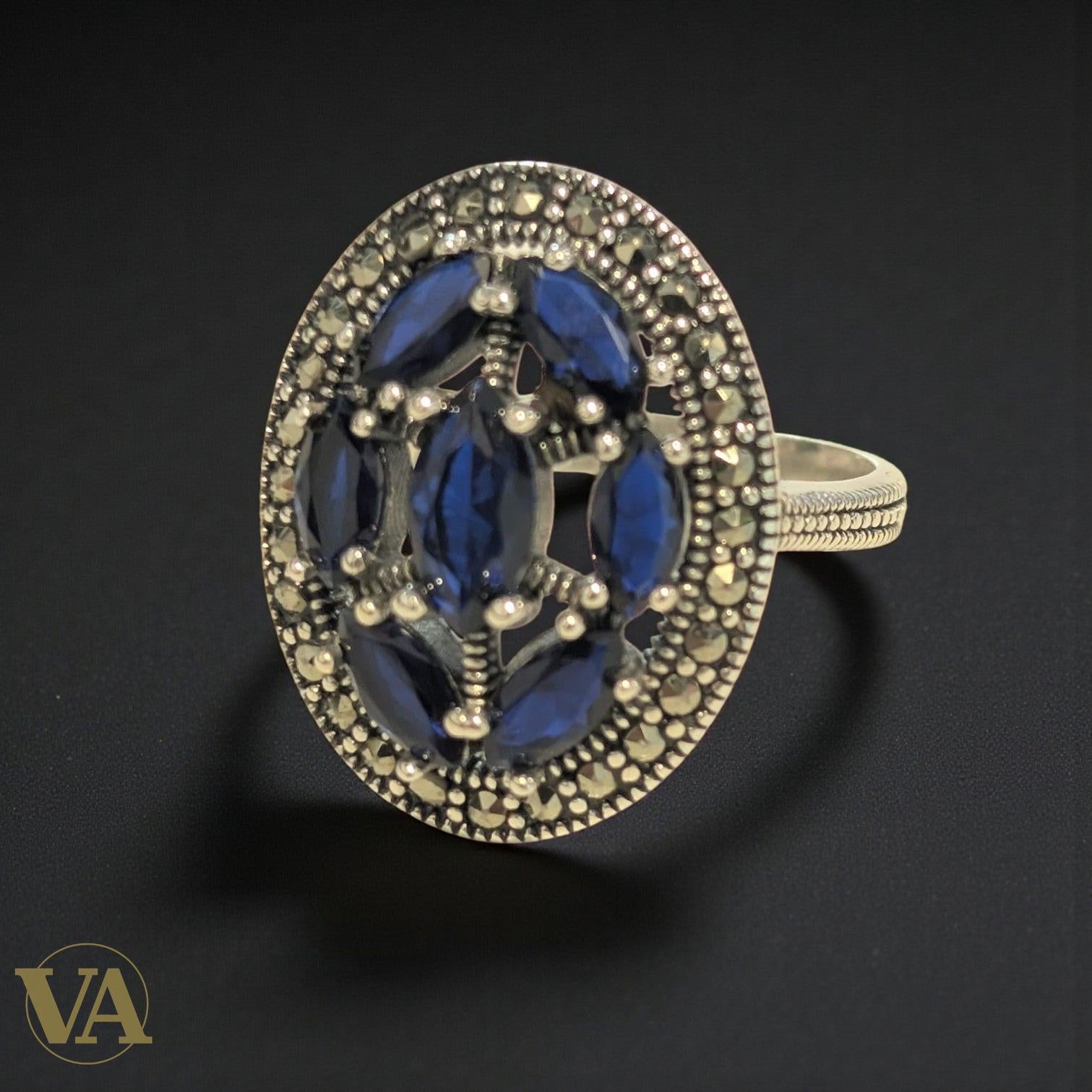 Bague Argent 925 Bleu Saphir & Marcassites – Ovale Vintage