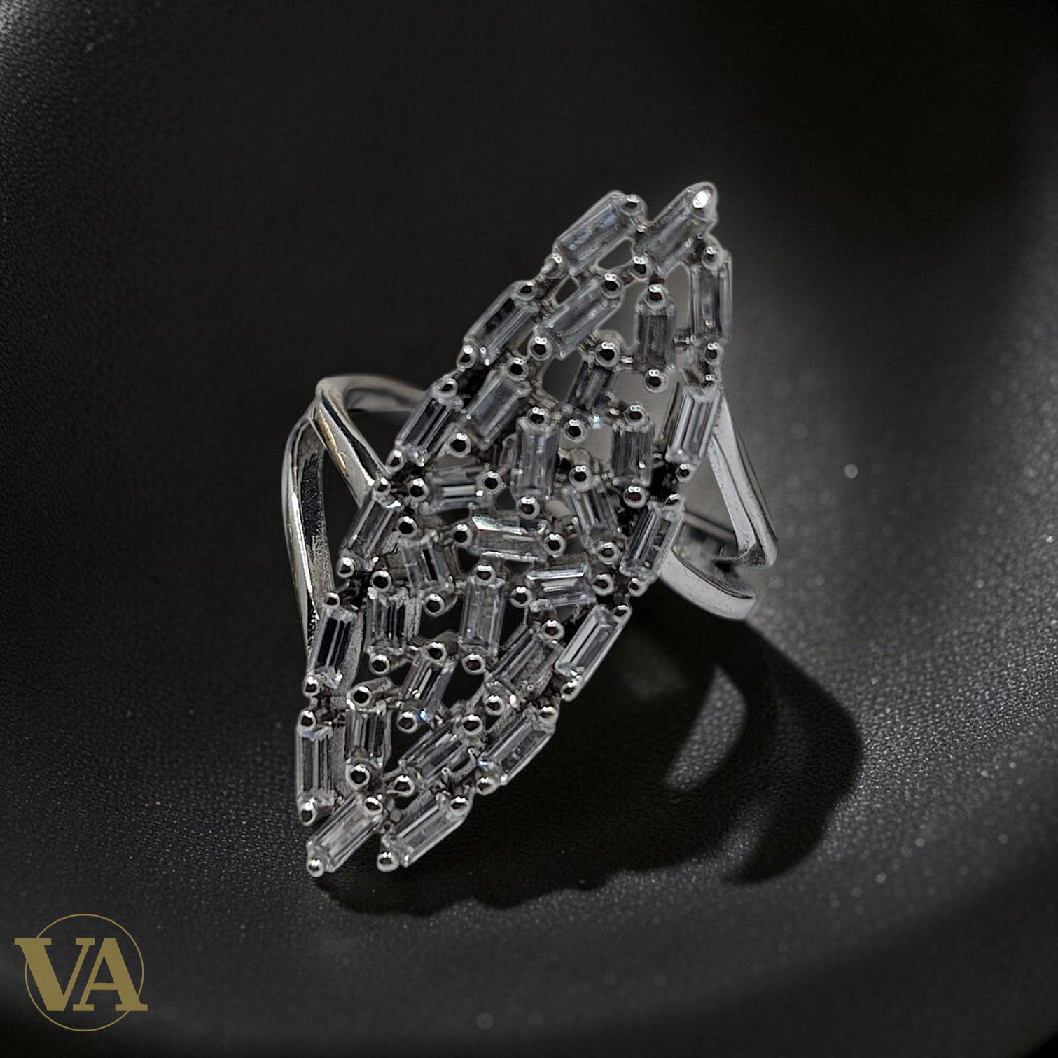 Bague femme argent 925 Marquise pavée Zircons baguette