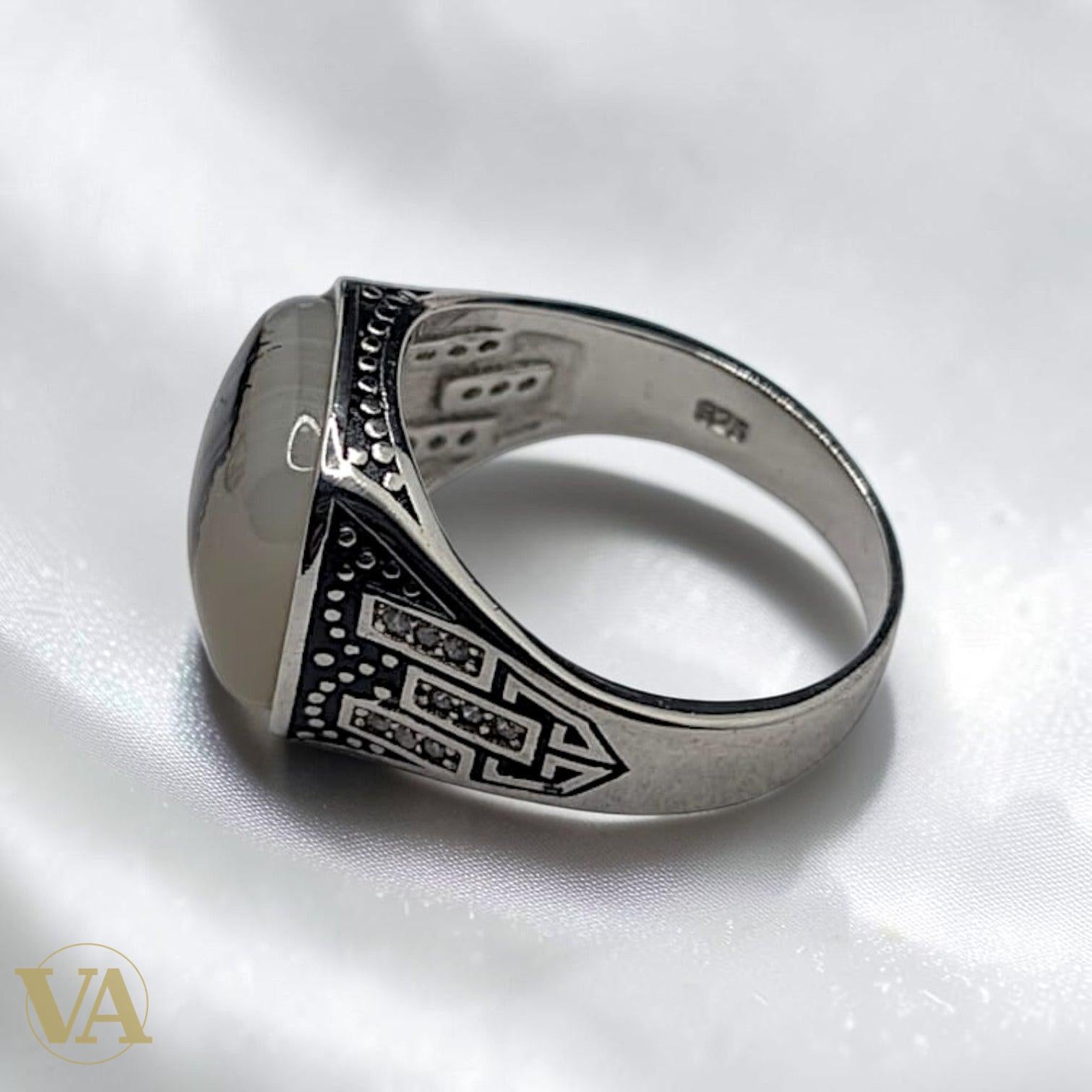 Chevalière Homme Argent 925 & Agate Bicolore – Motif Géométrique Art Déco & Zircons | Bijoux Vindicta
