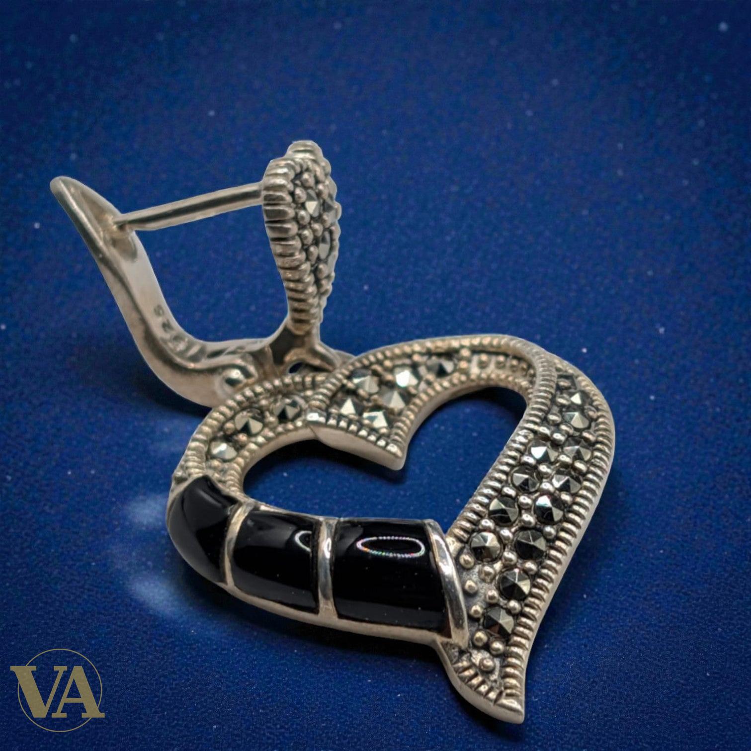 Boucles d'Oreilles Argent 925 Cœur Onyx et Marcassite