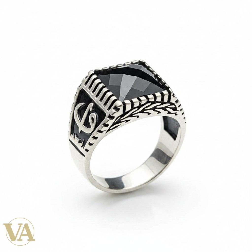 Chevalière Homme Argent 925 Onyx Noir Calligraphie Arabe Arabesques Ottoman - Argent 925 - Vindicta