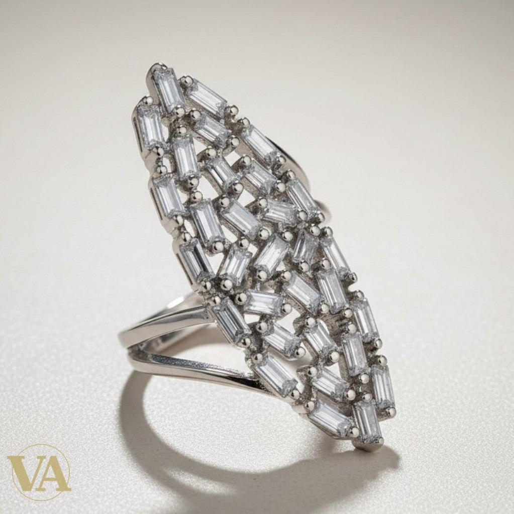 Bague femme argent 925 Marquise pavée Zircons baguette