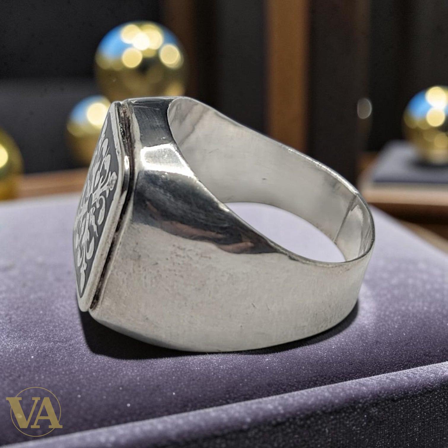 Chevalière Homme Argent 925 Onyx Noir Motif Héraldique-Vindicta : Bijoux Argent 925 Massif, Luxe et Héritage