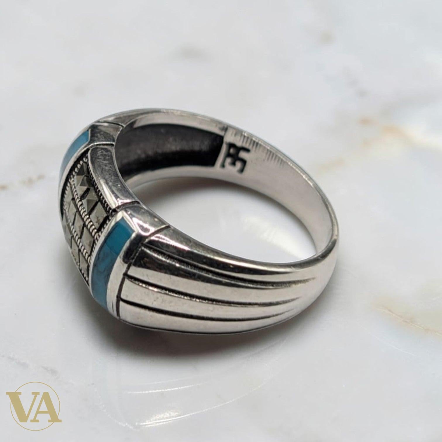 Bague Homme Argent 925 Turquoise & Marcassites – Pavé Géométrique Art Déco