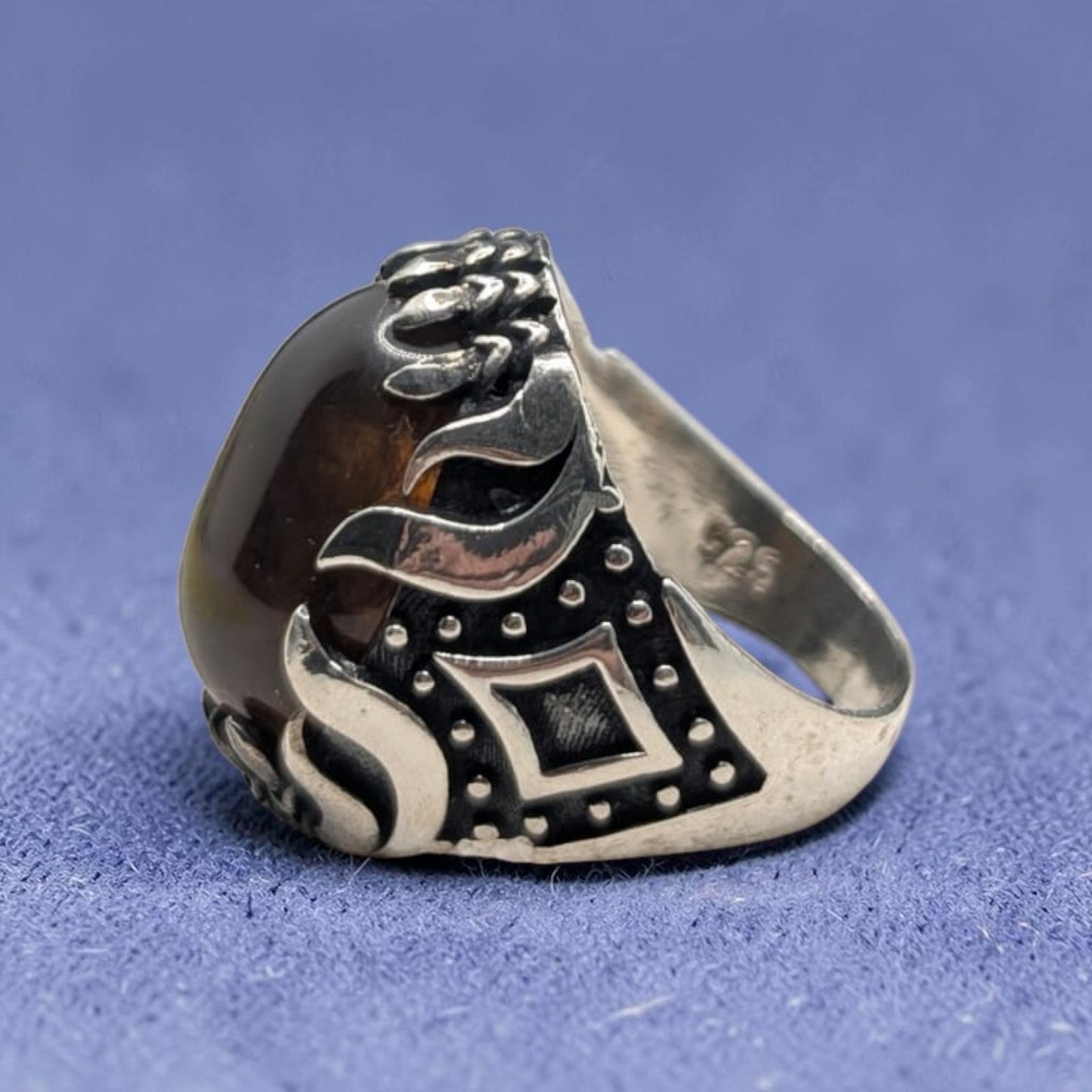 Chevalière Homme Argent 925 Ambre Jaune Naturel Sertissage Griffes Sculpté-Vindicta : Bijoux Argent 925 Massif, Luxe et Héritage