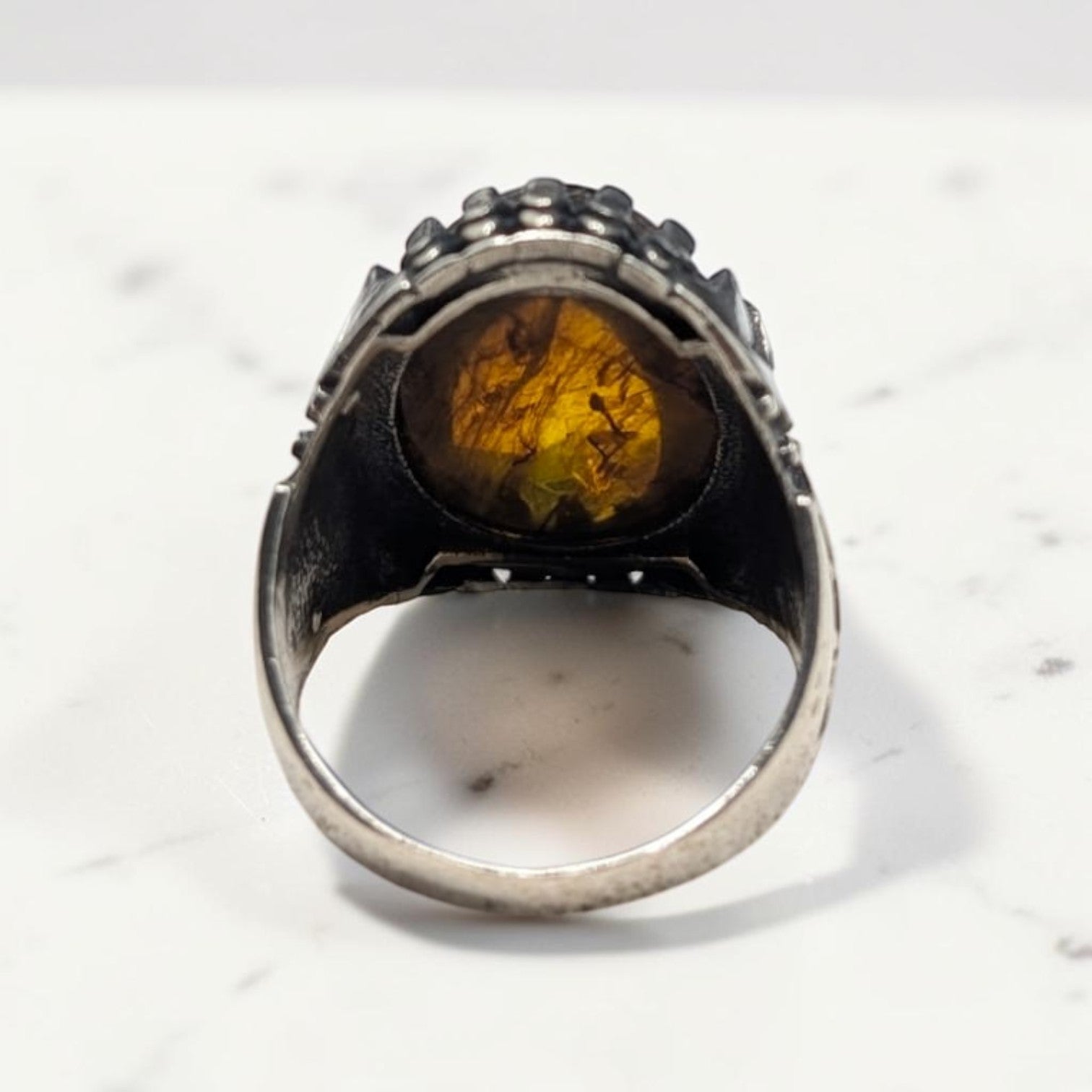 Chevalière Homme Argent 925 Ambre Jaune Naturel Sertissage Griffes Sculpté-Vindicta : Bijoux Argent 925 Massif, Luxe et Héritage